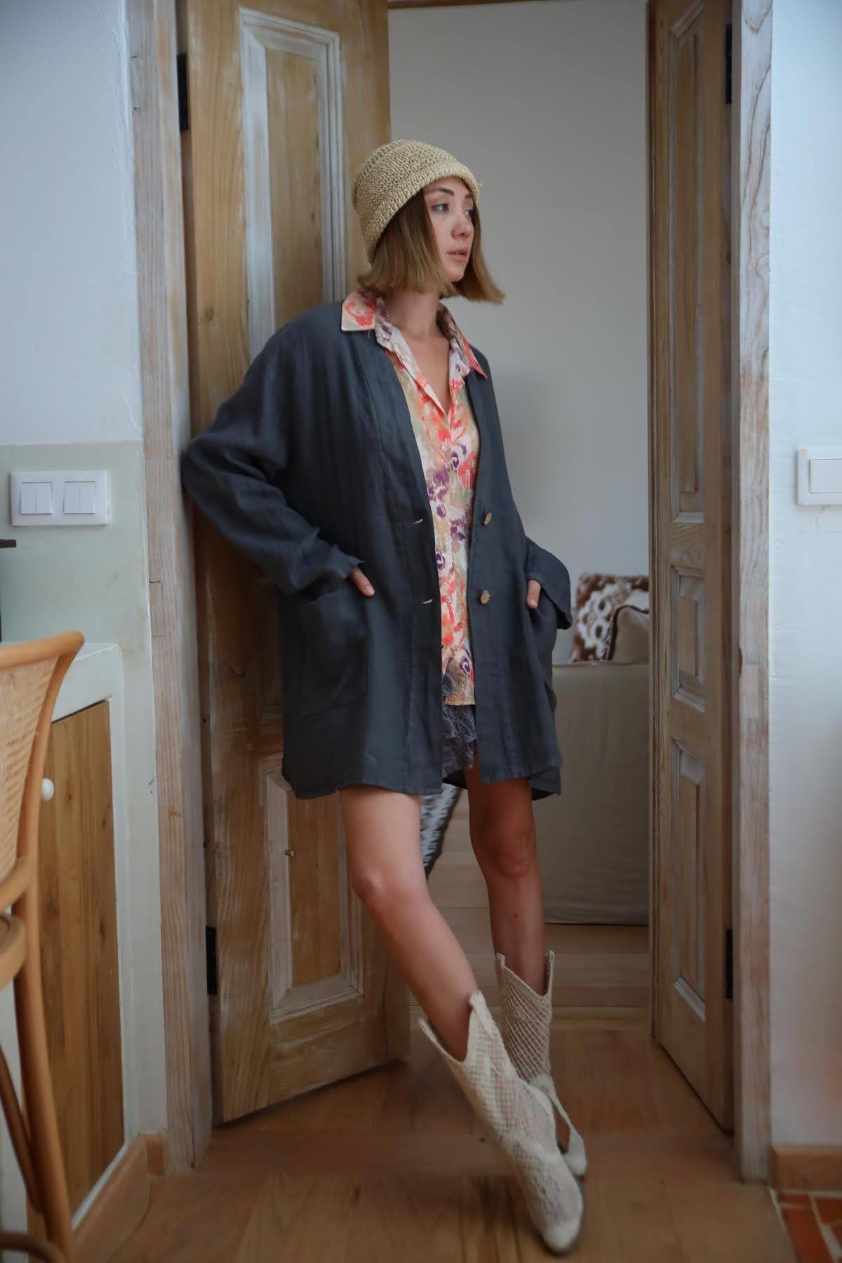 Antrasit Çift Cepli Keten Ceket - Şaman Butik Antrasit Çift Cepli Keten Ceket