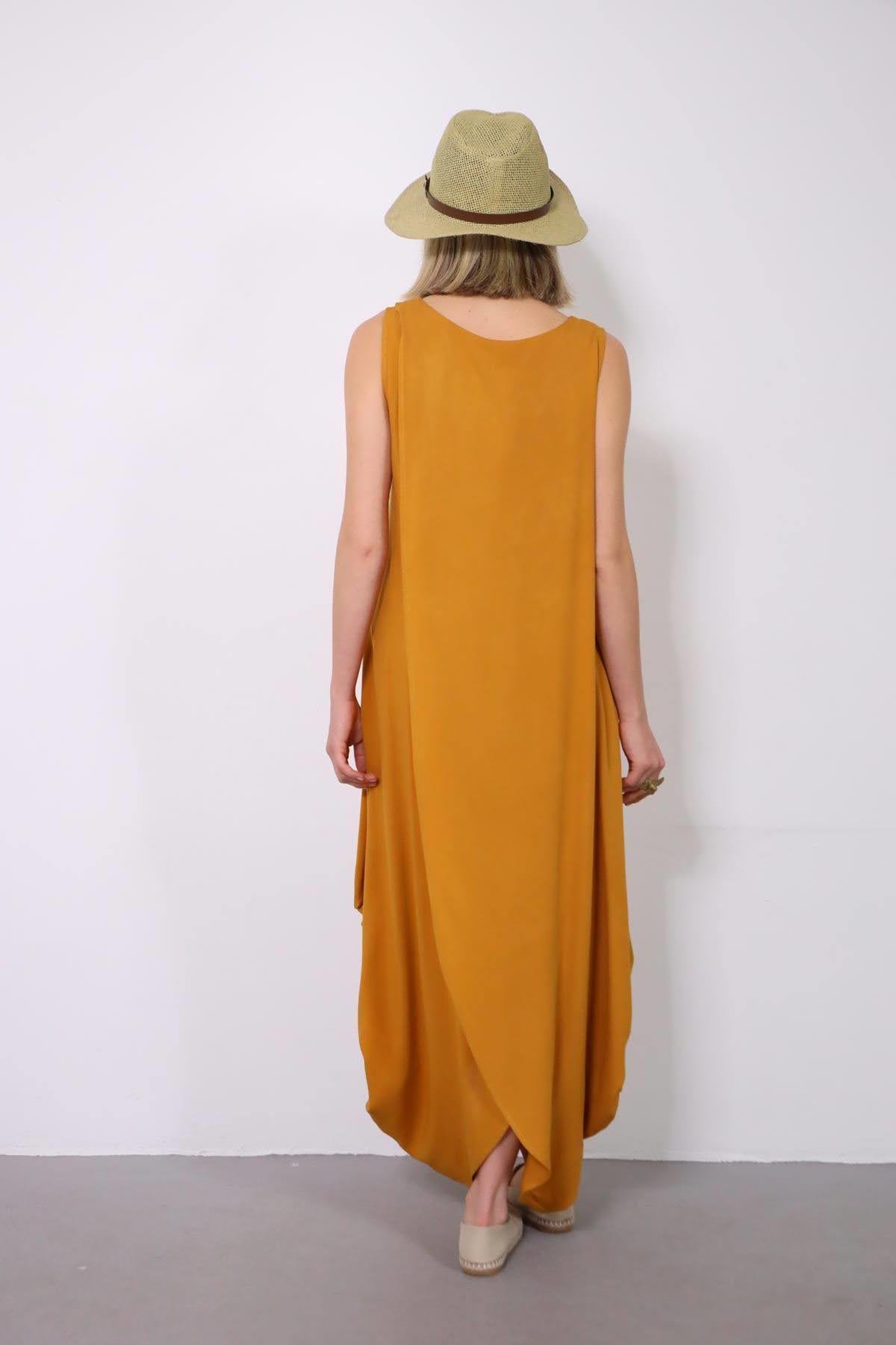 Hardal Rengi Diyagonal Kesim Anvelop Elbise - Şaman Butik Hardal Rengi Diyagonal Kesim Anvelop Elbise