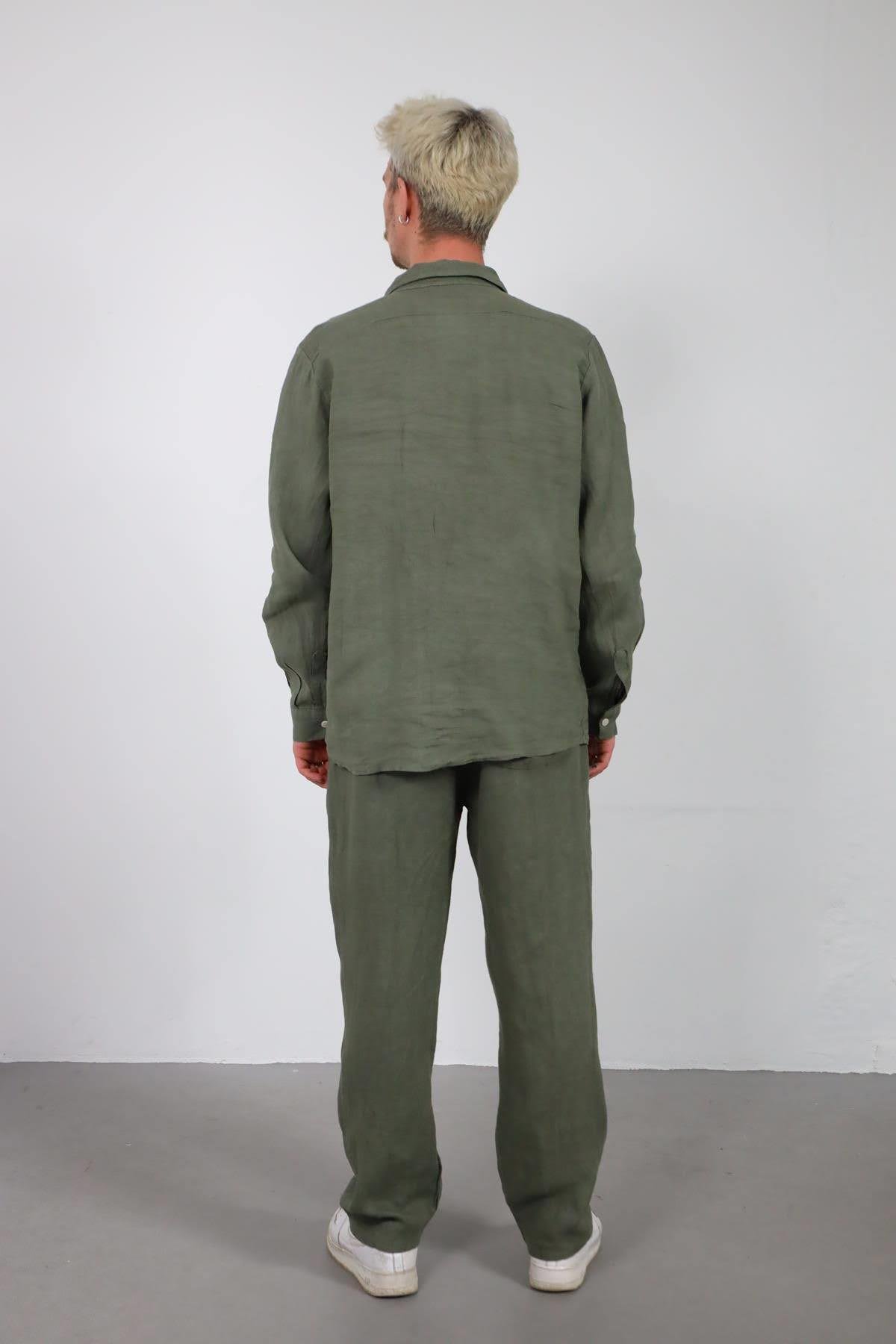 Haki Keten Erkek Pantolon ve Gömlek Takım - Şaman Butik Haki Keten Erkek Pantolon ve Gömlek Takım