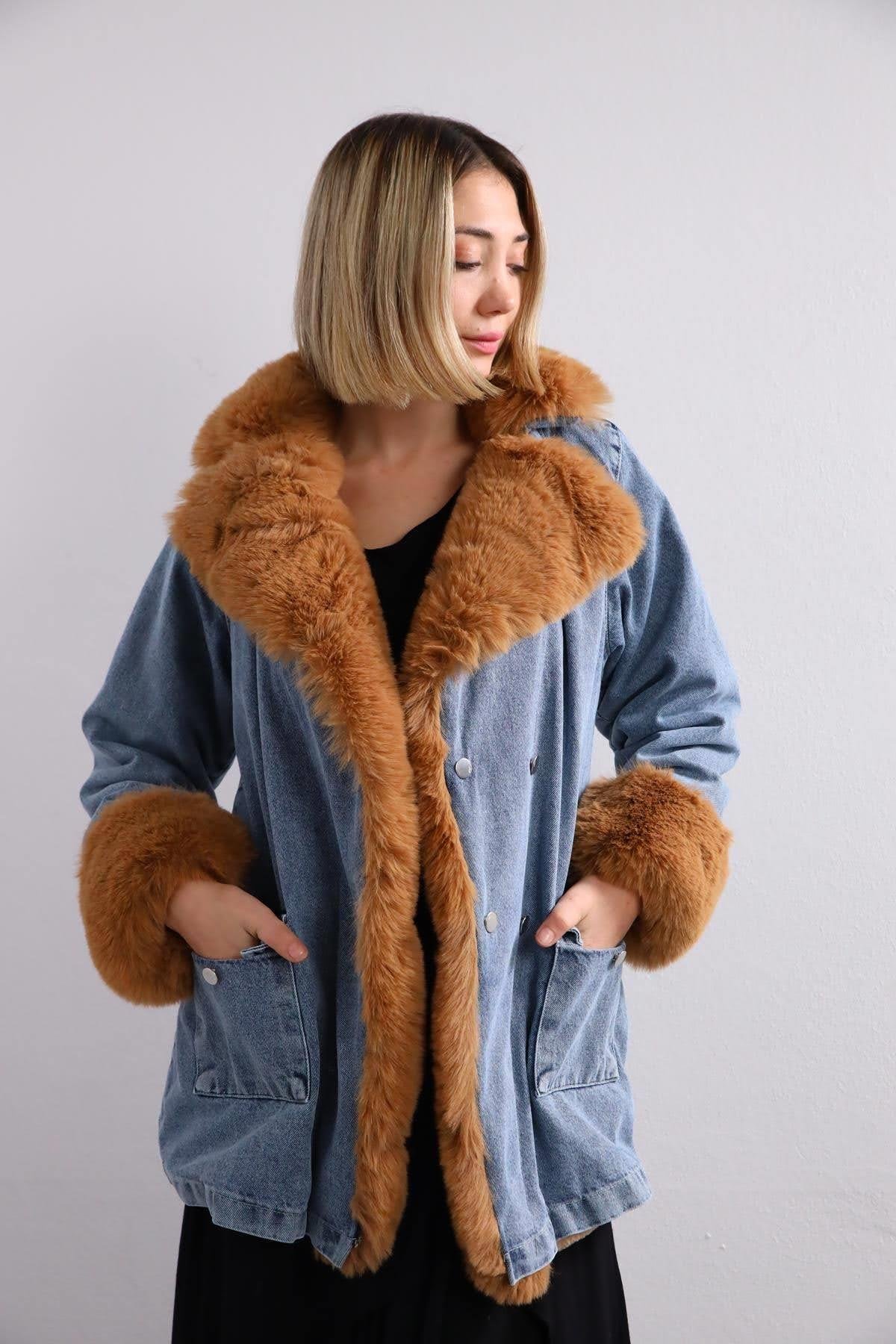  Mavi Camel Rengi Kürklü Kot Ceket