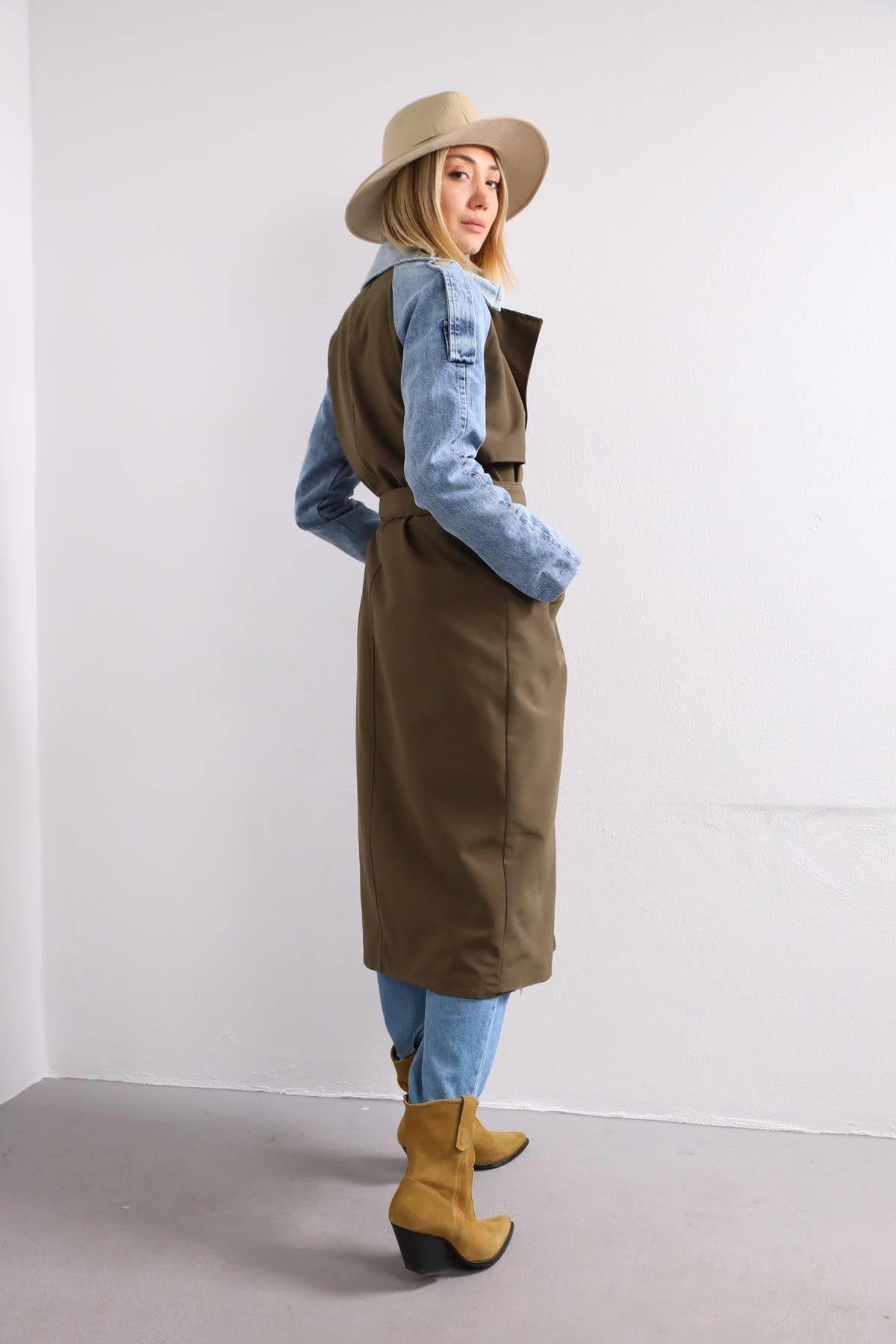  Haki Kolları Kot Detaylı Trençkot