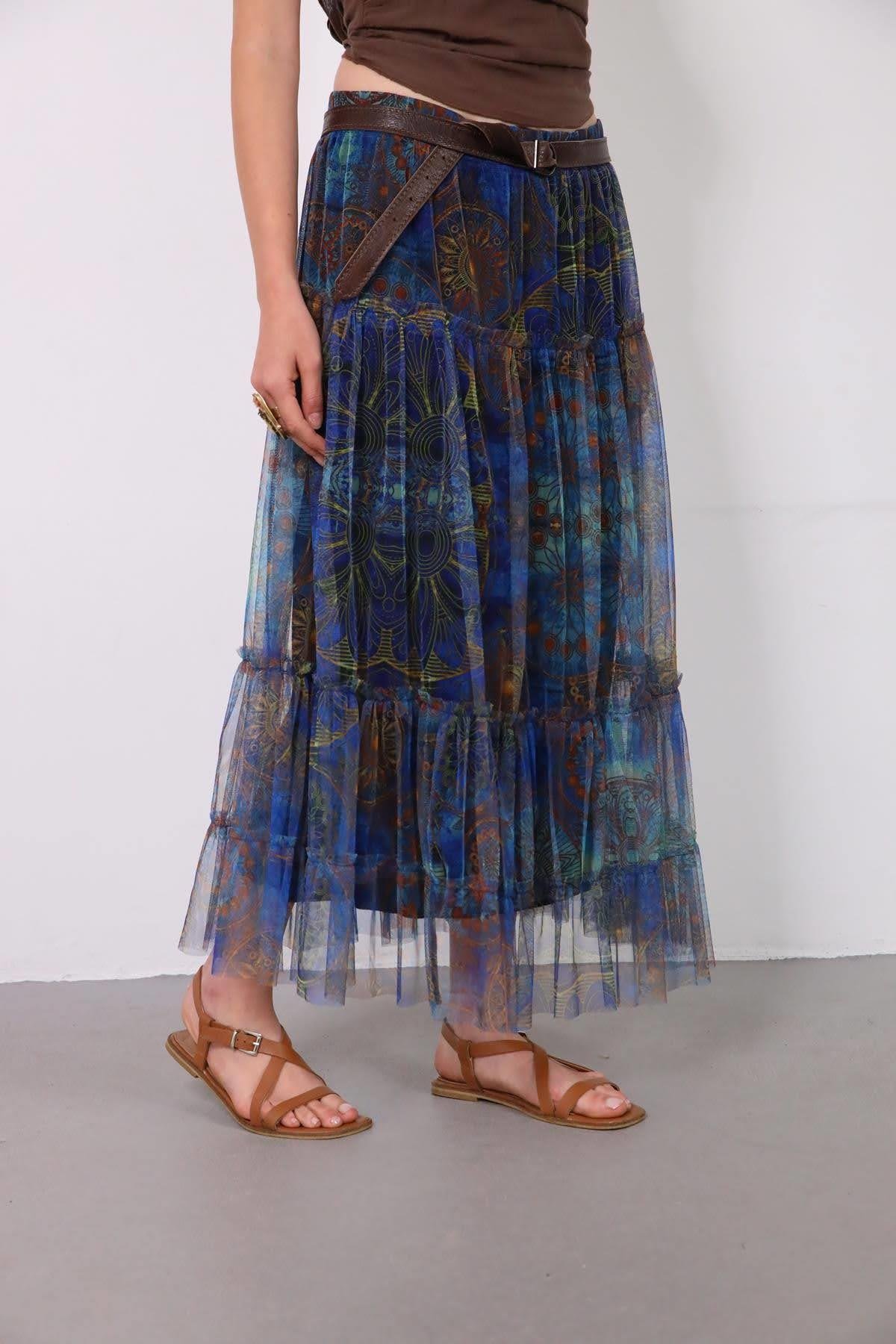 Navy Blue Floral Stitched Waist Shirt Dress - Şaman Butik Navy Blue Ethnic Pattern Tulle Skirt