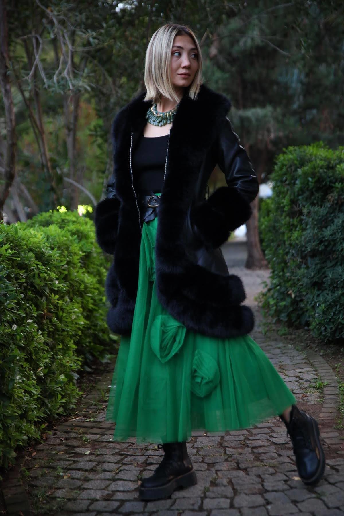 Black Fur Detailed Hooded Leather Coat Black Fur Detailed Hooded Leather Coat