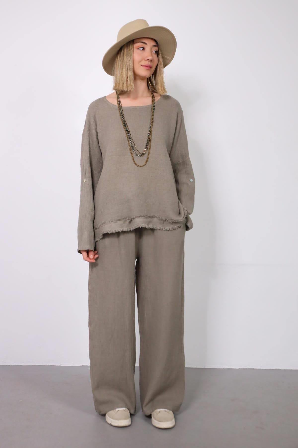  Vizon Rengi Püsküllü Örme Pamuk Detaylı Keten Takım