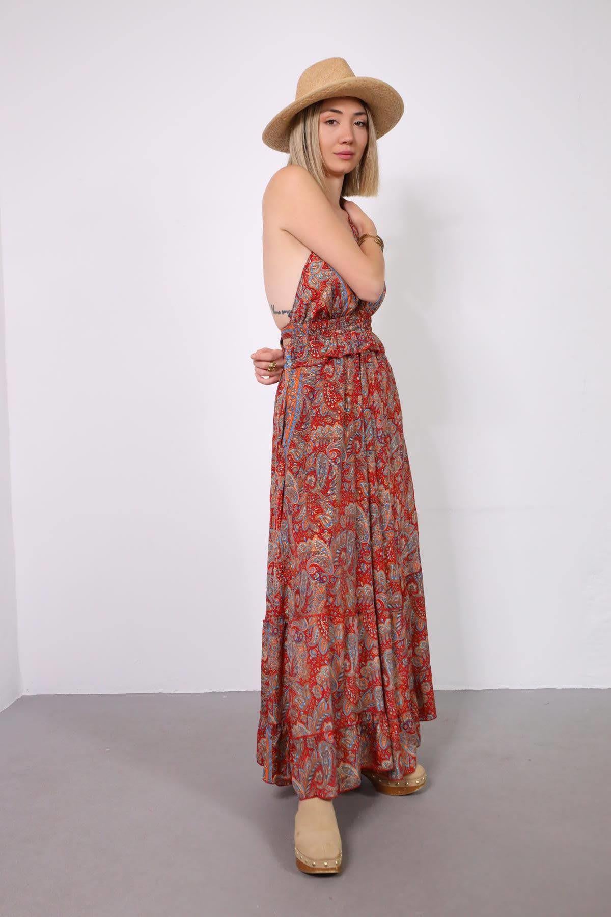 Kırmızı Boyundan Bağlamalı Sırt Dekolteli Otantik Elbise - Şaman Butik Kırmızı Boyundan Bağlamalı Sırt Dekolteli Otantik Elbise