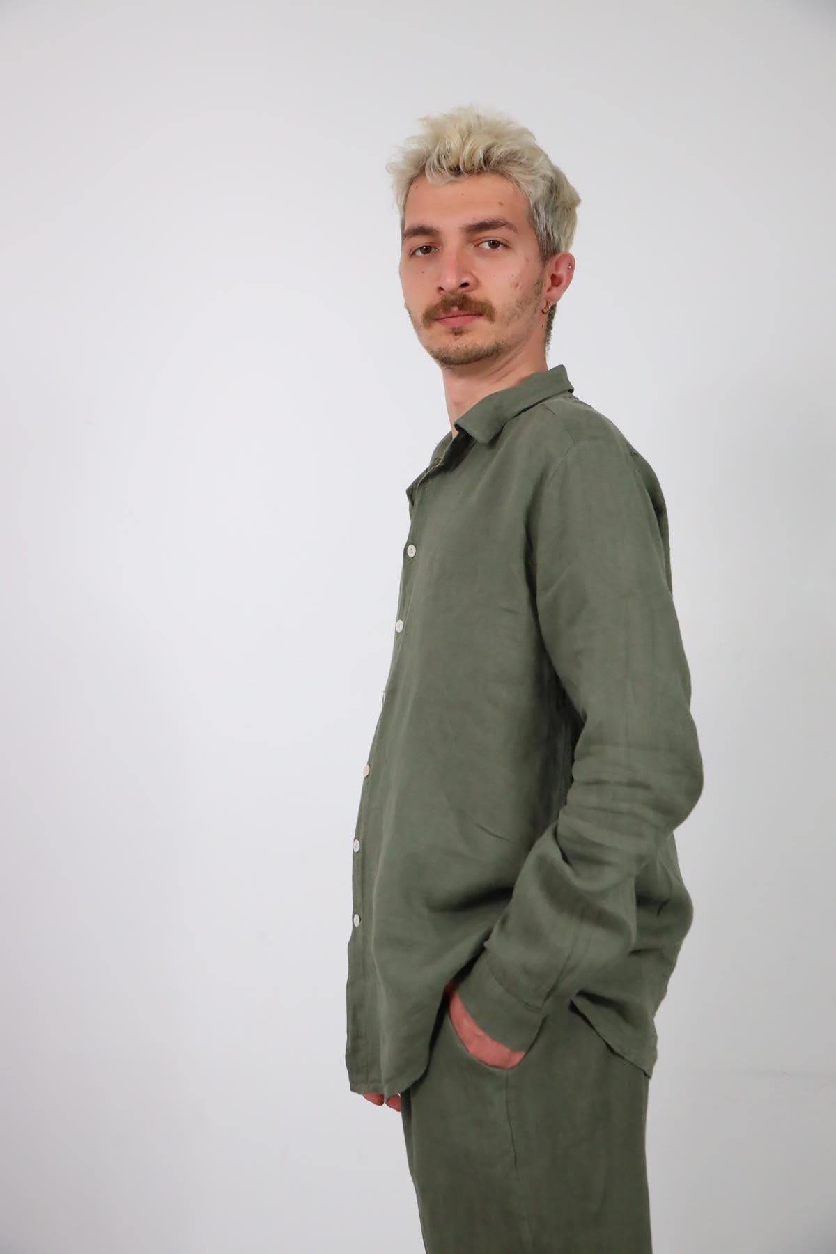 Haki Keten Erkek Pantolon ve Gömlek Takım - Şaman Butik Haki Keten Erkek Pantolon ve Gömlek Takım