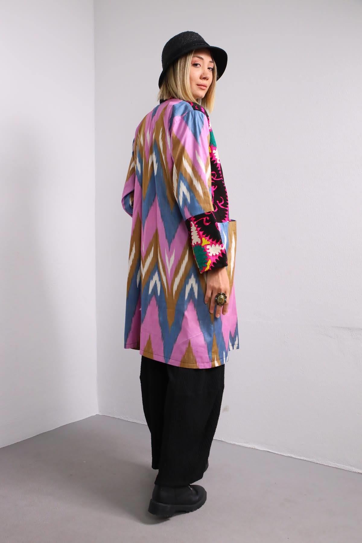  Renkli Suzani Kısa Kaftan