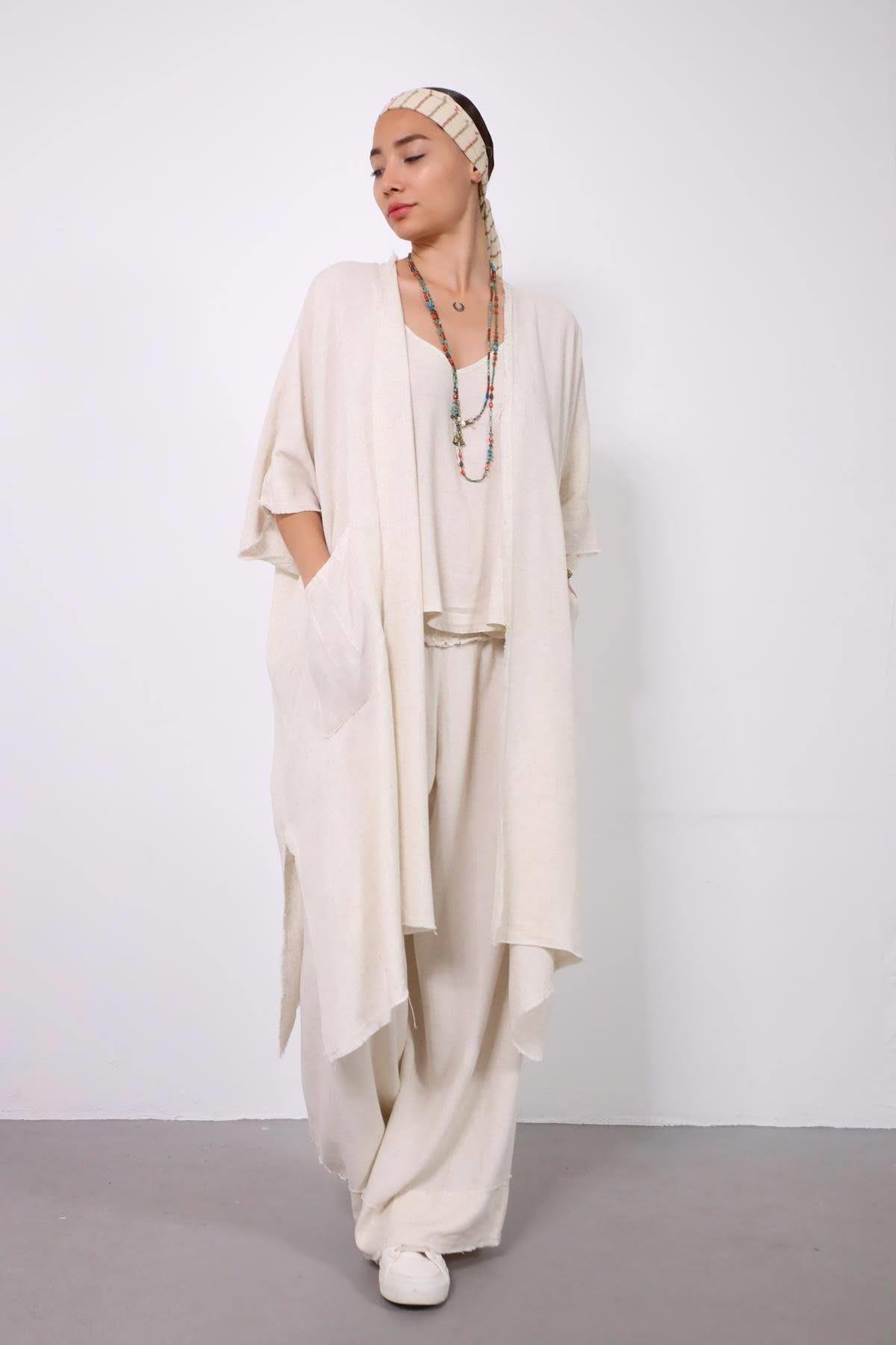 Cream Fringed Short Sleeve Caftan - Saman Butik | Shop Online Cream Fringed Short Sleeve Caftan