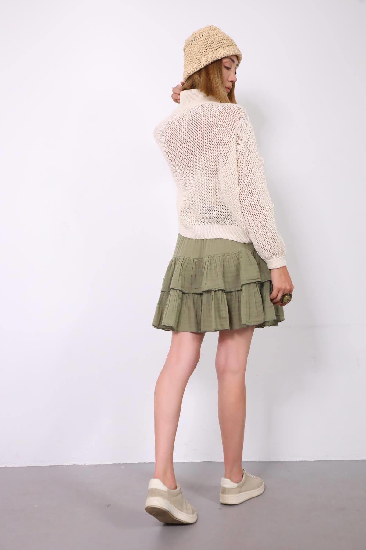  Krem Rengi Kolları Gül Detaylı File Hırka