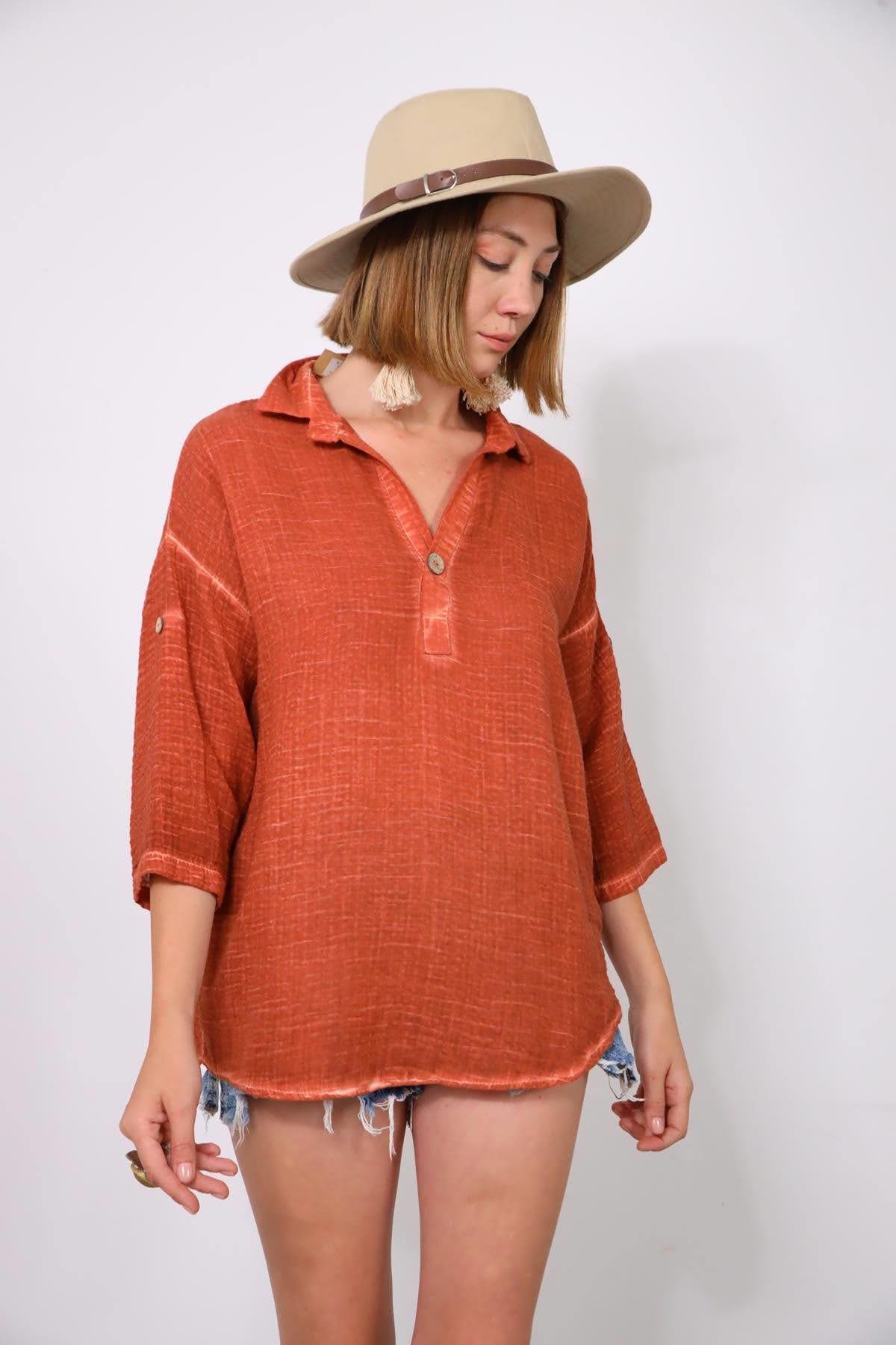  Kiremit Rengi Yağ Yıkama Müslin Tek Düğmeli Gömlek