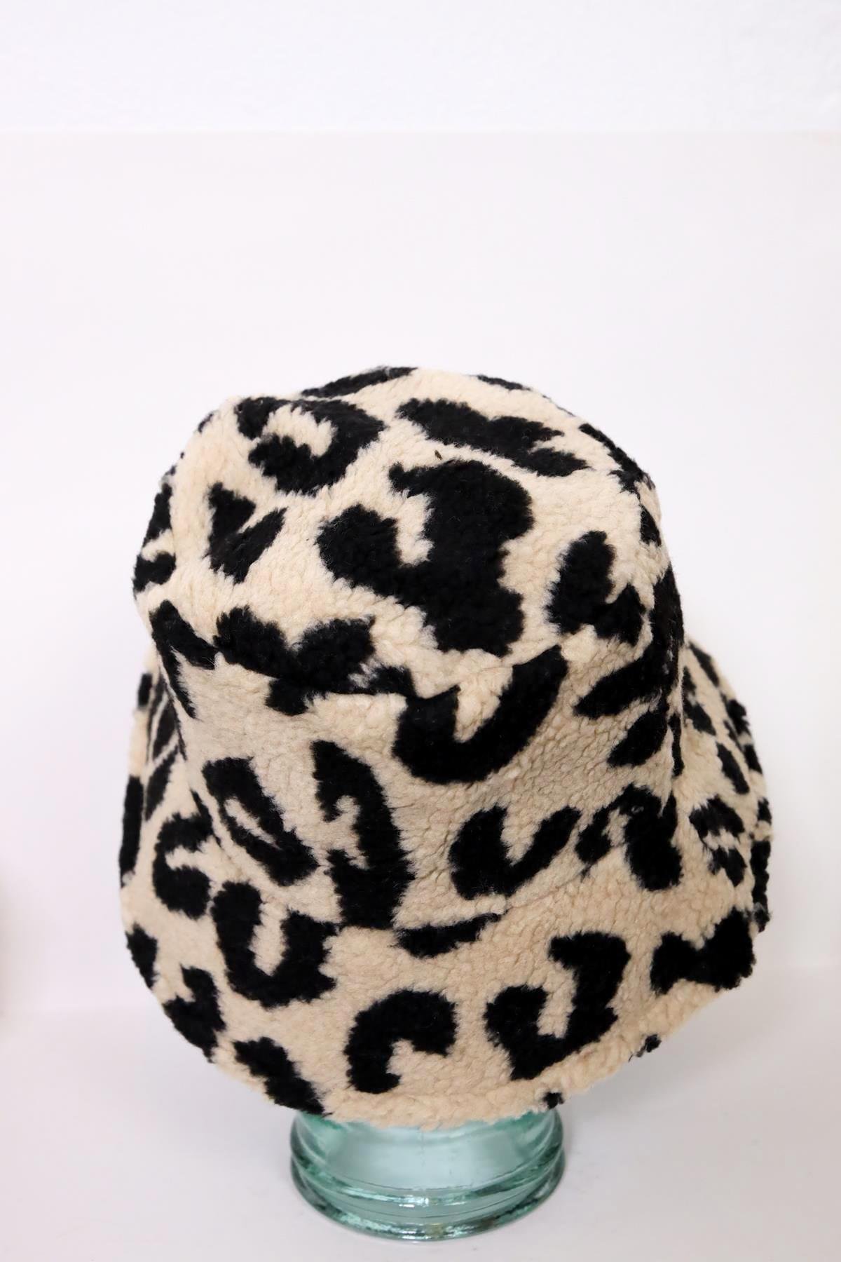  Krem Rengi Leopar Desen Bucket Şapka