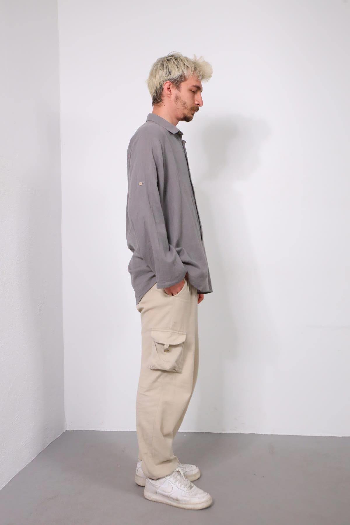  Koyu Gri Kolları Apoletli Erkek Müslin Gömlek