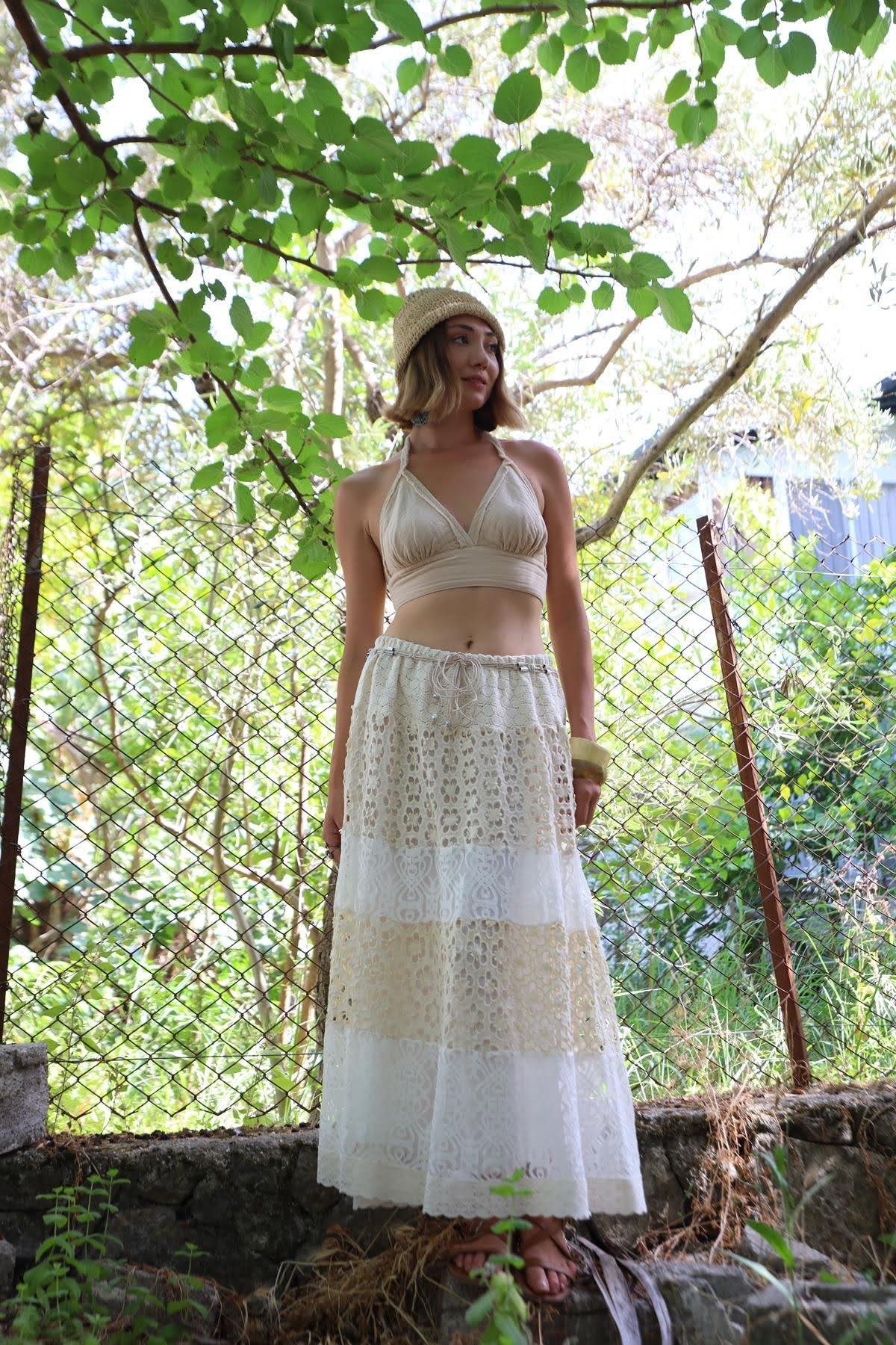  Krem Rengi Kemer Detaylı Otantik Beli Lastikli Dantel Etek