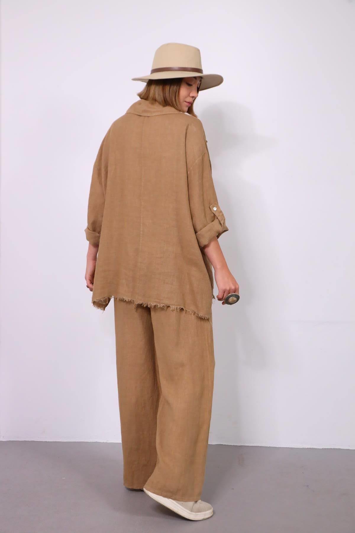  Camel Rengi Püsküllü Dikiş Detaylı Gömlek Pantolon Keten Takım