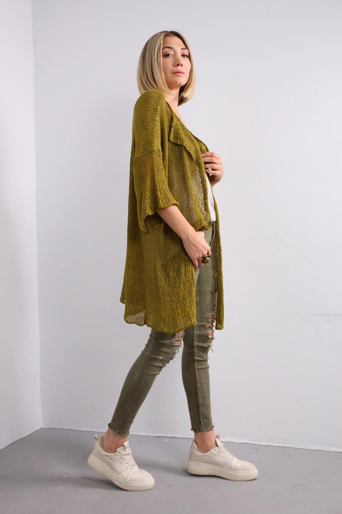  Yağ Yeşili Kısa Merserize Hırka