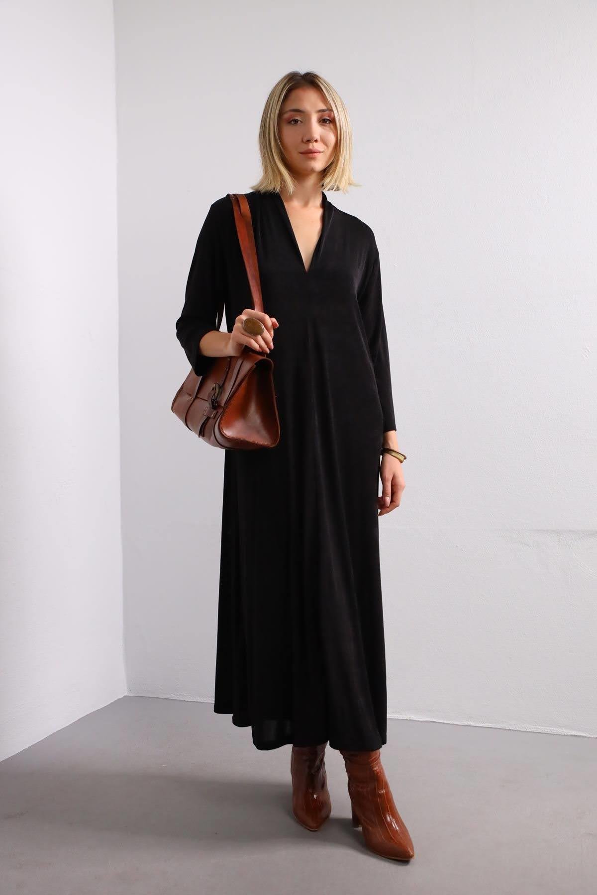 Siyah V Yaka Önü Dikişli Elbise - Şaman Butik Siyah V Yaka Önü Dikişli Elbise