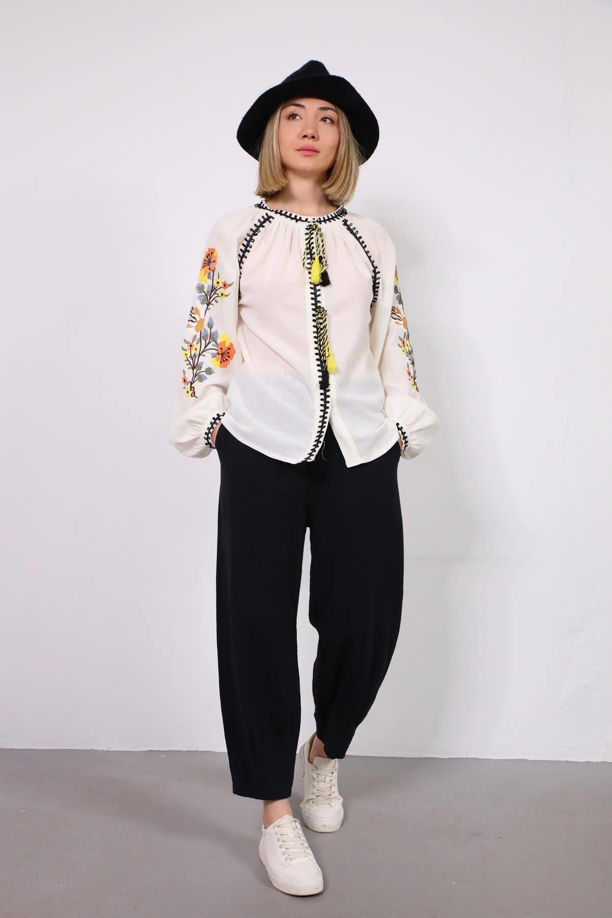 White Double Pompom Embroidered Sleeve Shirt - Saman Butik | Shop Online White Double Pompom Embroidered Sleeve Shirt