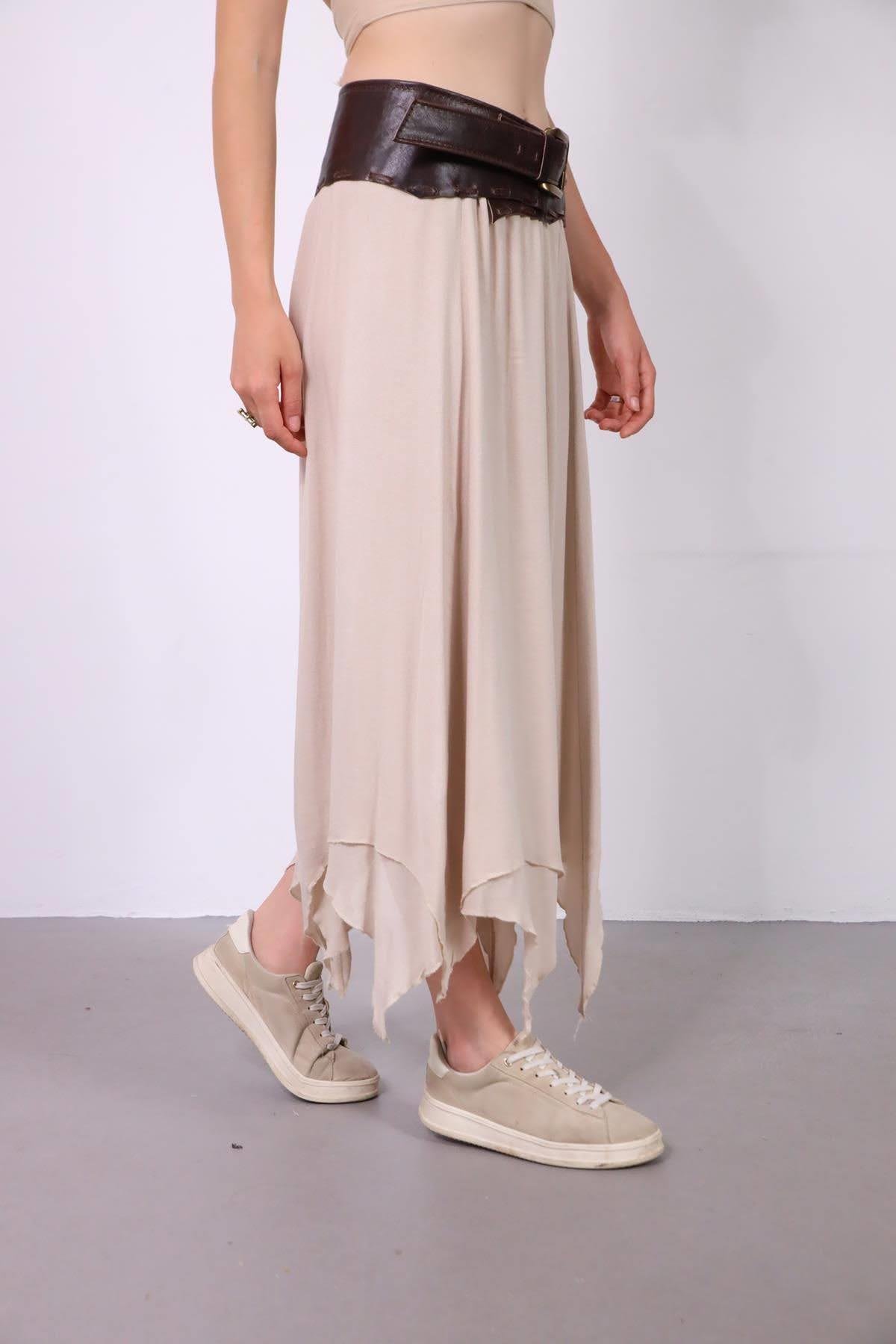  Krem Rengi Asimetrik Kesim Beli Lastikli Etek