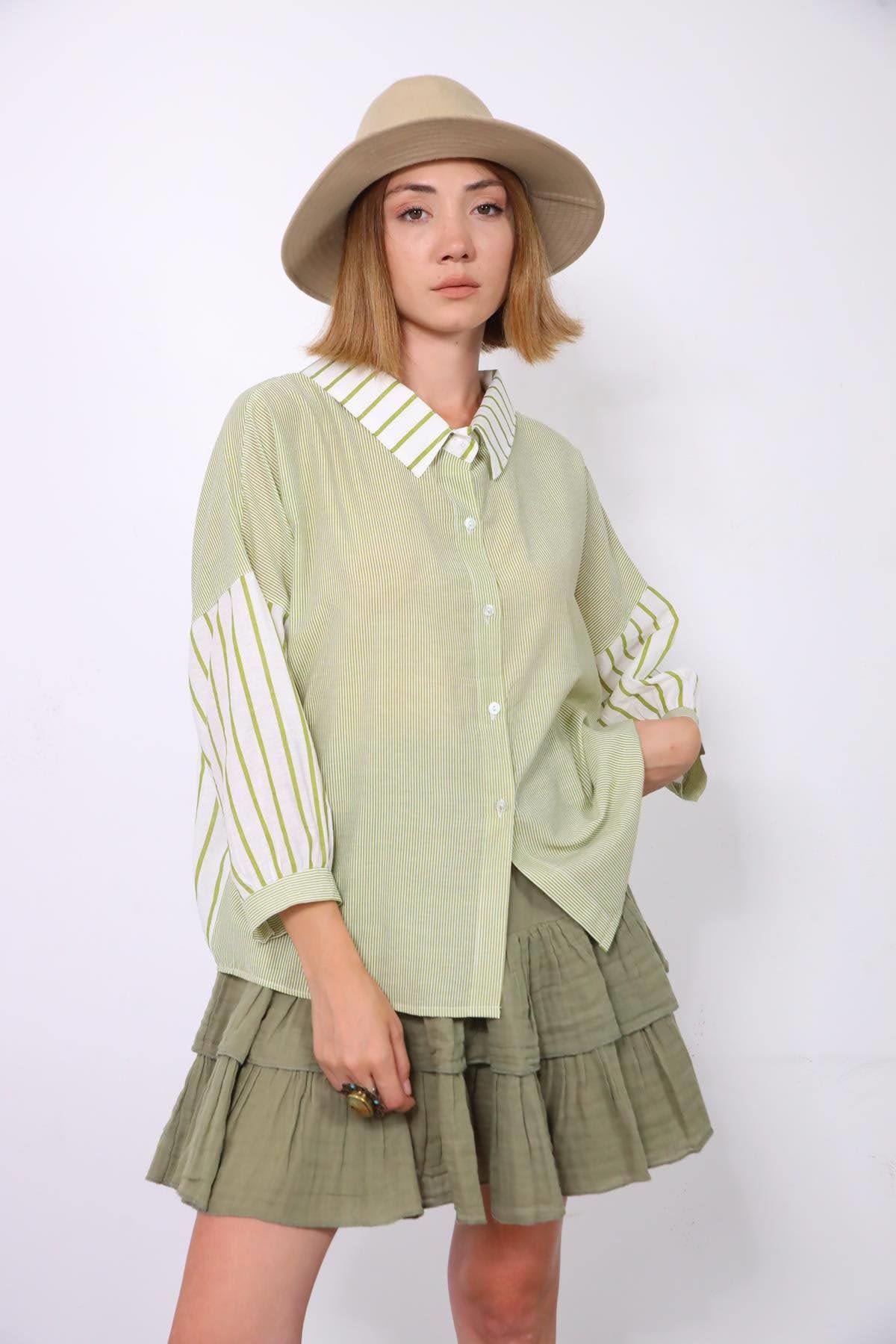  Fıstık Yeşili Arkası Bağlamalı Çizgili Otantik Gömlek