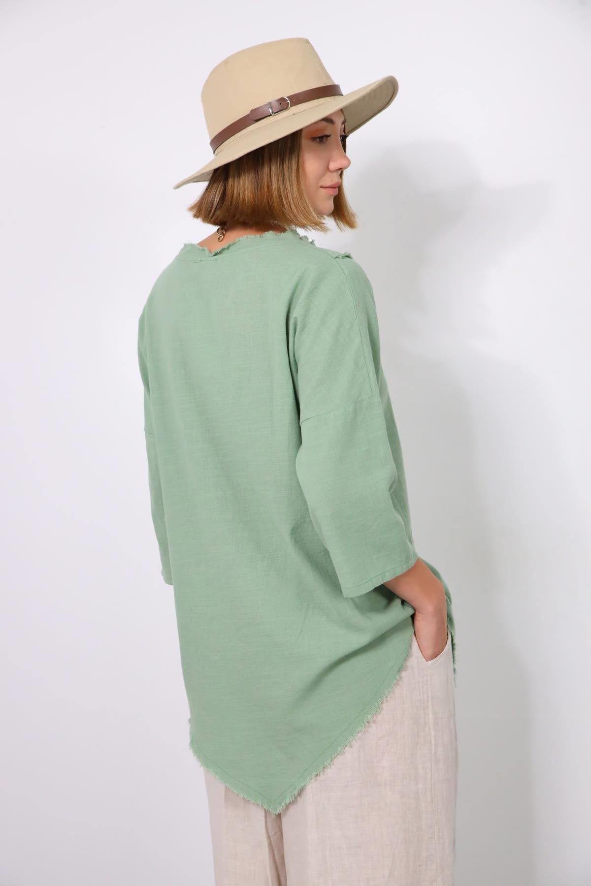 Mint Yeşili Püsküllü Dikiş Detaylı Bisiklet Yaka Bluz - Şaman Butik Mint Yeşili Püsküllü Dikiş Detaylı Bisiklet Yaka Bluz