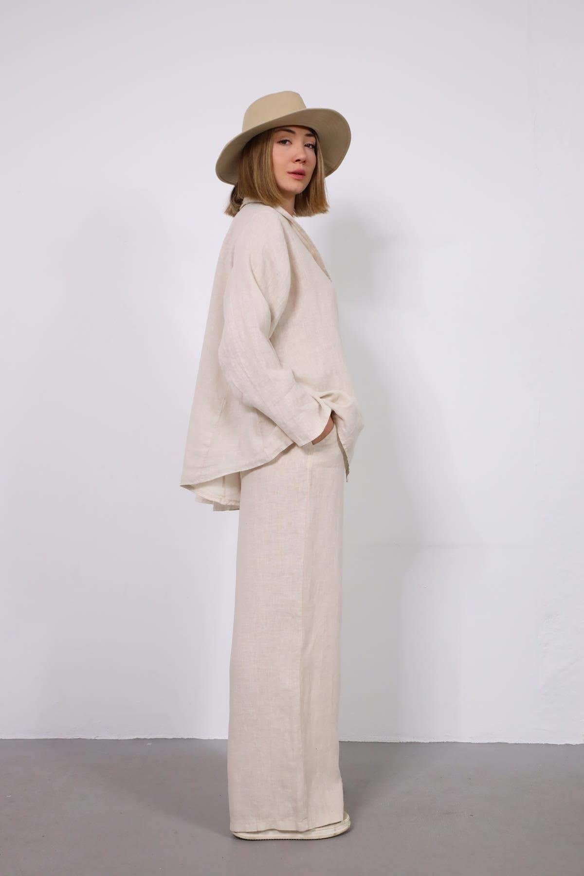  Krem Rengi Cep Detaylı Gömlek Pantolon Keten Takım