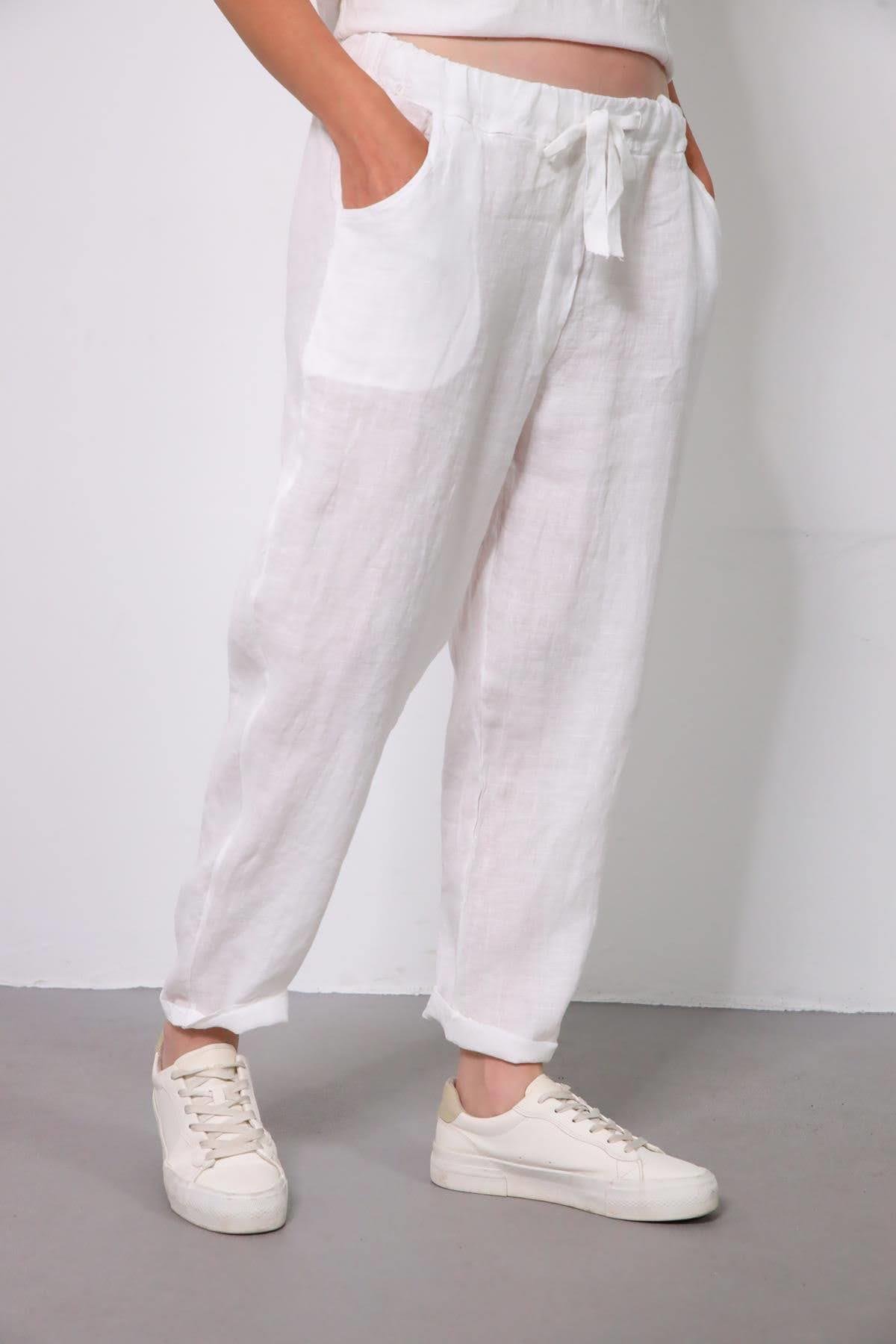  Beyaz Dikişli Sıfır Kol Bluz ve Pantolon Keten Takım