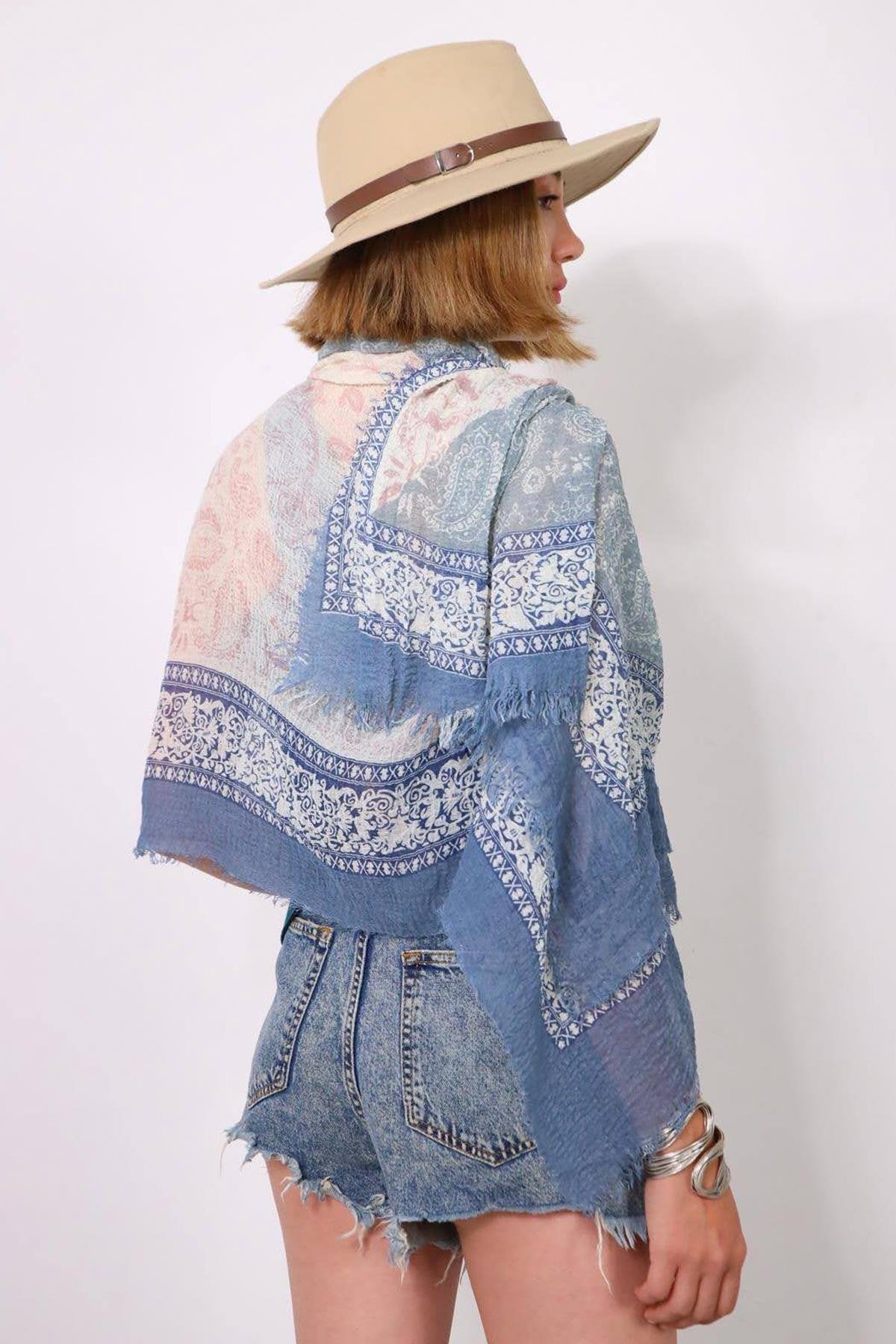 İndigo Mavi Desenli Saçaklı Şal - Şaman Butik İndigo Mavi Desenli Saçaklı Şal