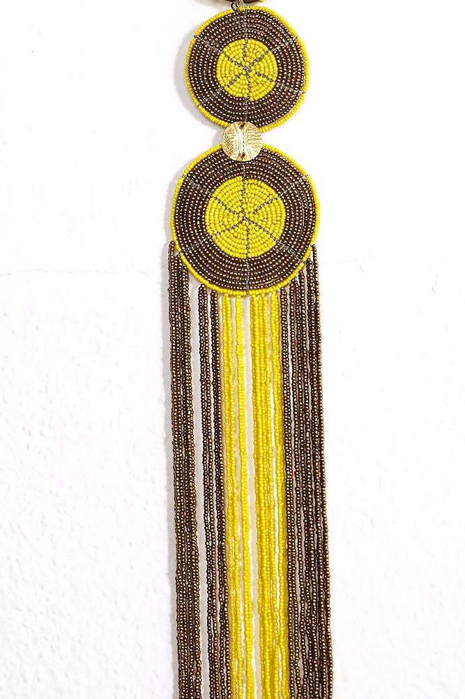  Dilimli Daire Detaylı Sarı Uzun Kolye