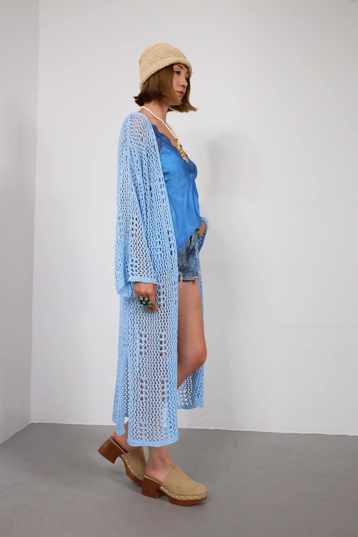  Mavi Uzun Lase Triko Hırka