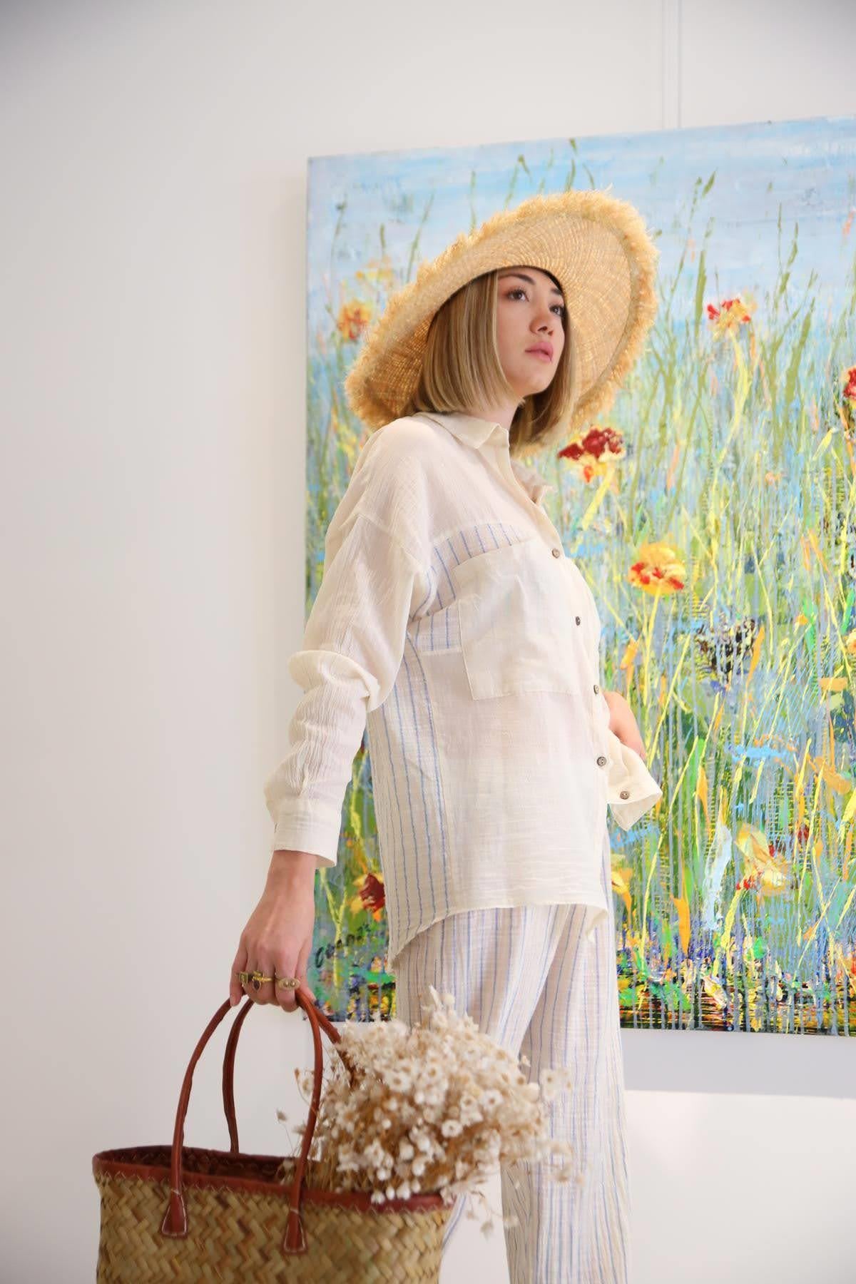 Mavi Çizgili Yakalı Gömlek - Şaman Butik Mavi Çizgili Yakalı Gömlek