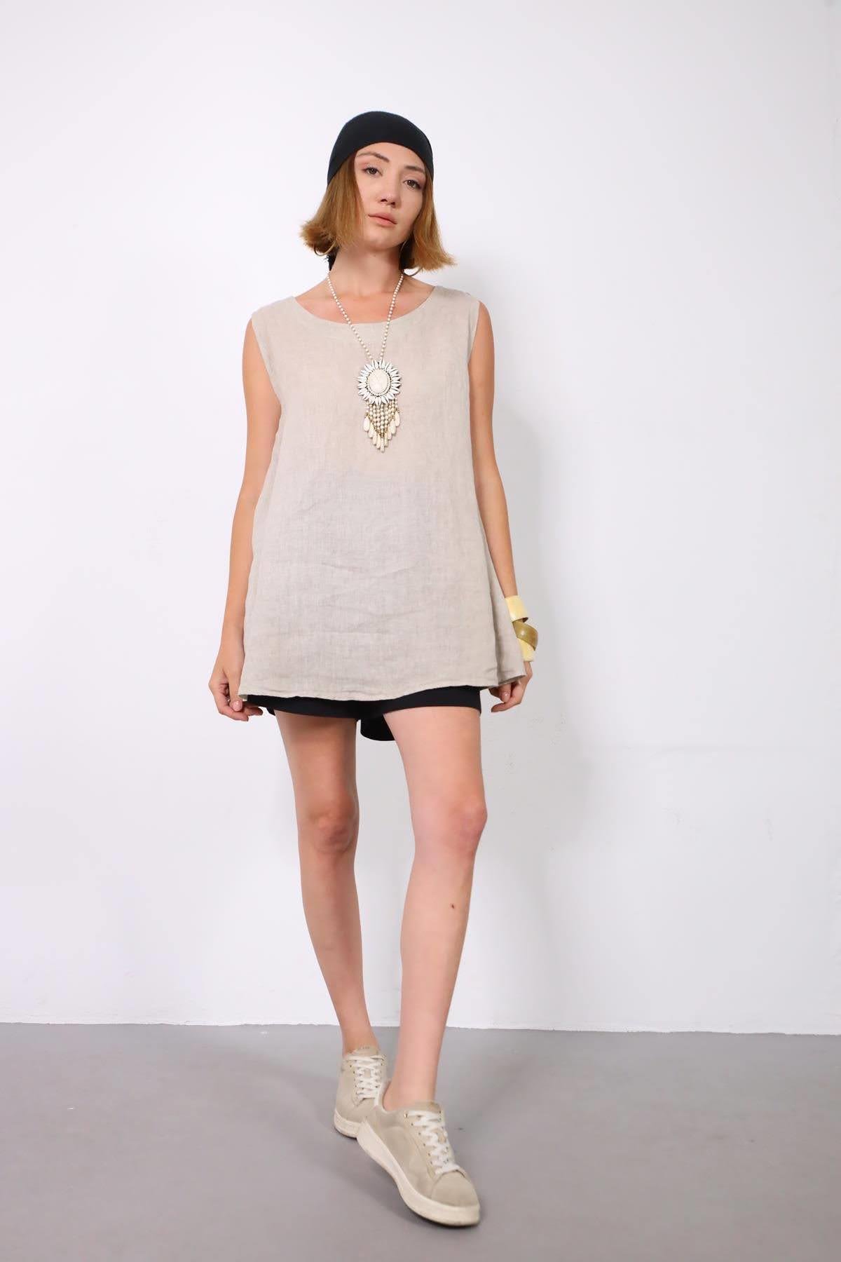 Krem Rengi Keten Arkası Bağlamalı Kolsuz Bluz - Şaman Butik Krem Rengi Keten Arkası Bağlamalı Kolsuz Bluz