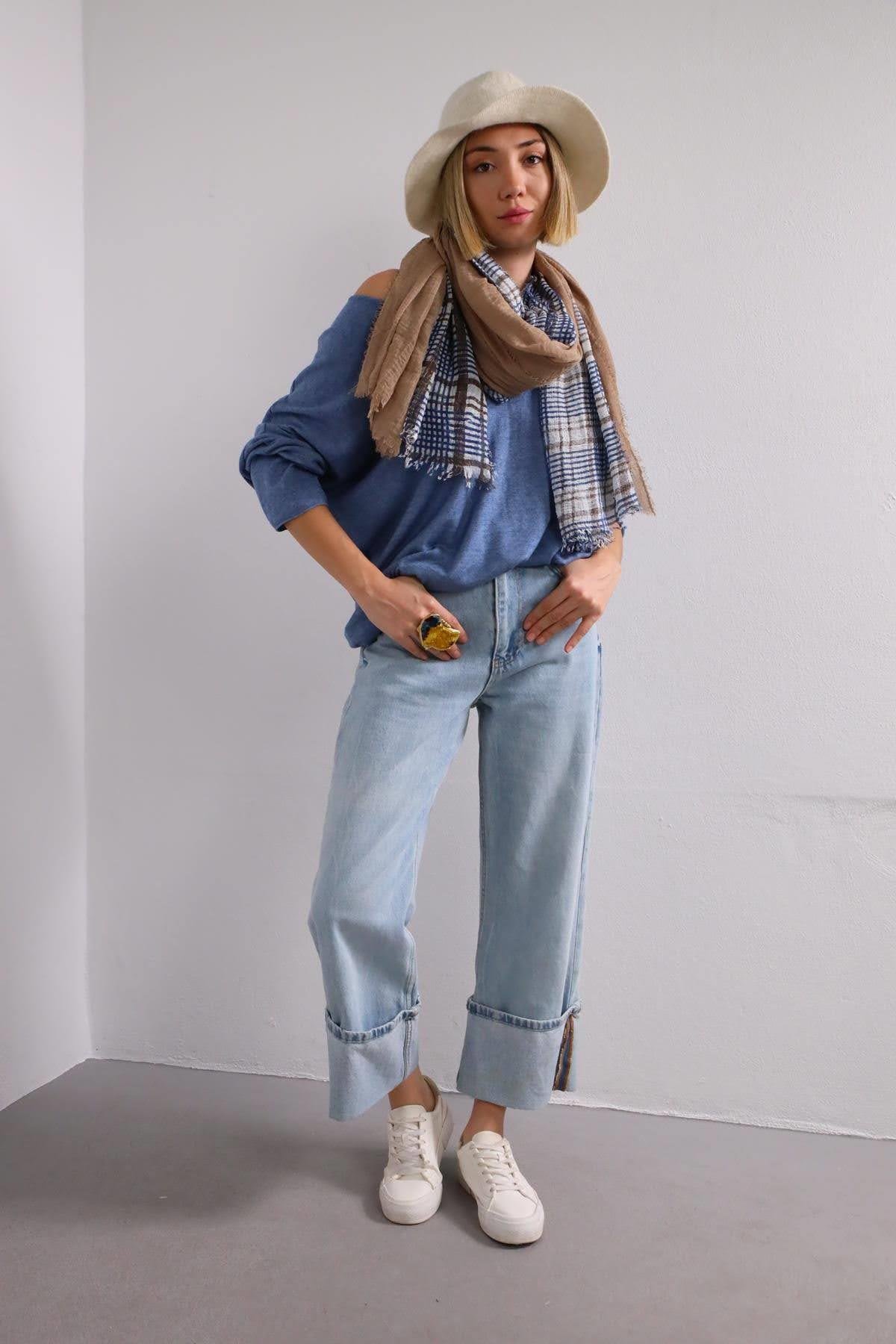 Navy Blue Floral Stitched Waist Shirt Dress - Şaman Butik Dark Blue V-Neck Soft Texture Knit Blouse