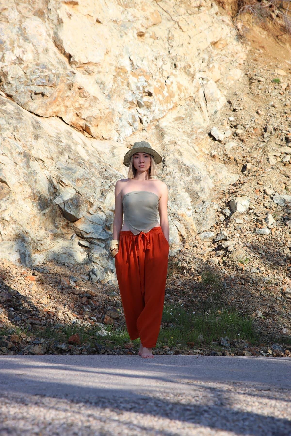  Kiremit Rengi Beli İpli Müslin Şalvar