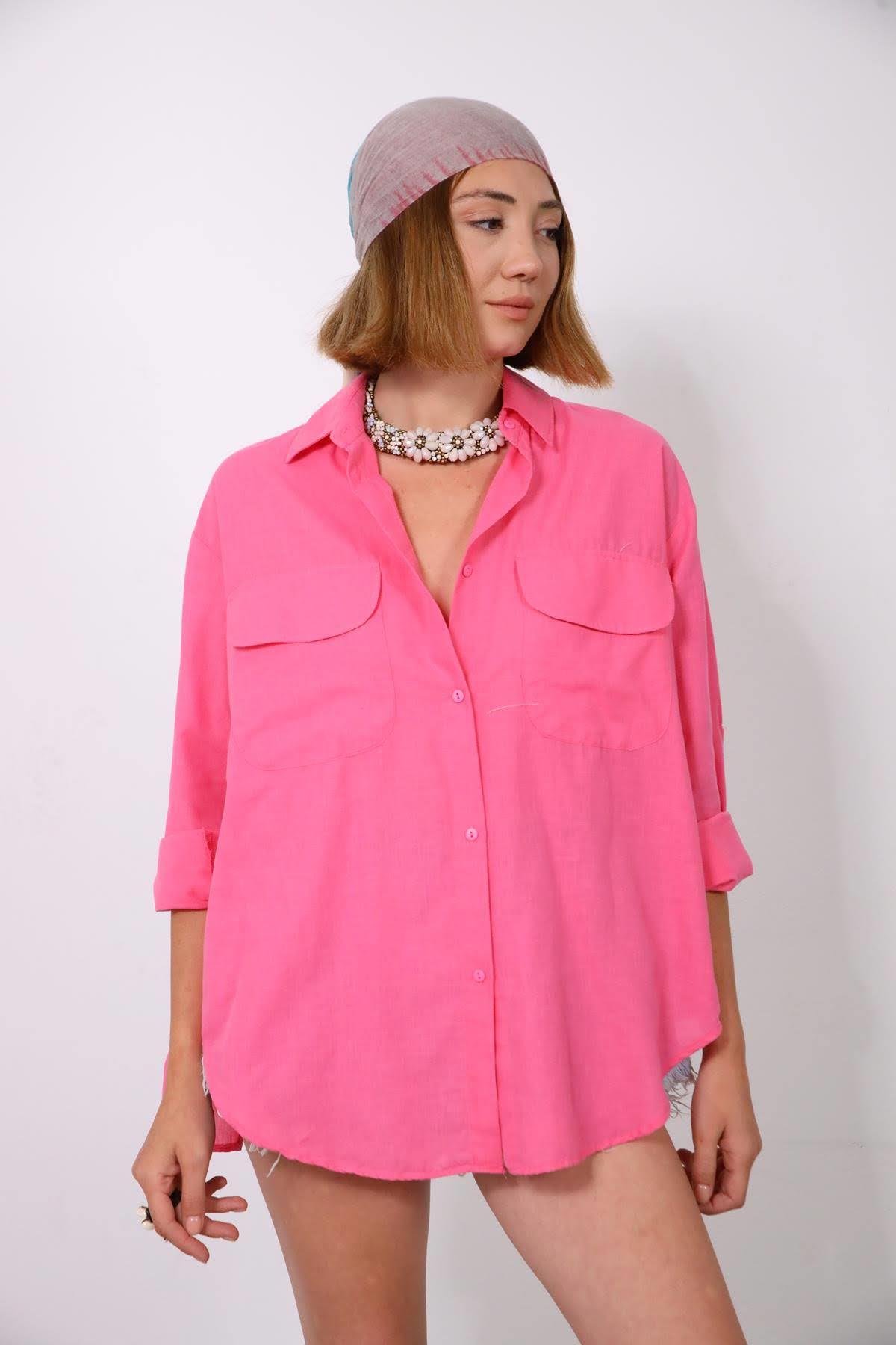 Pink Big Pocket Open Back Shirt - Saman Butik | Shop Online Pink Big Pocket Open Back Shirt