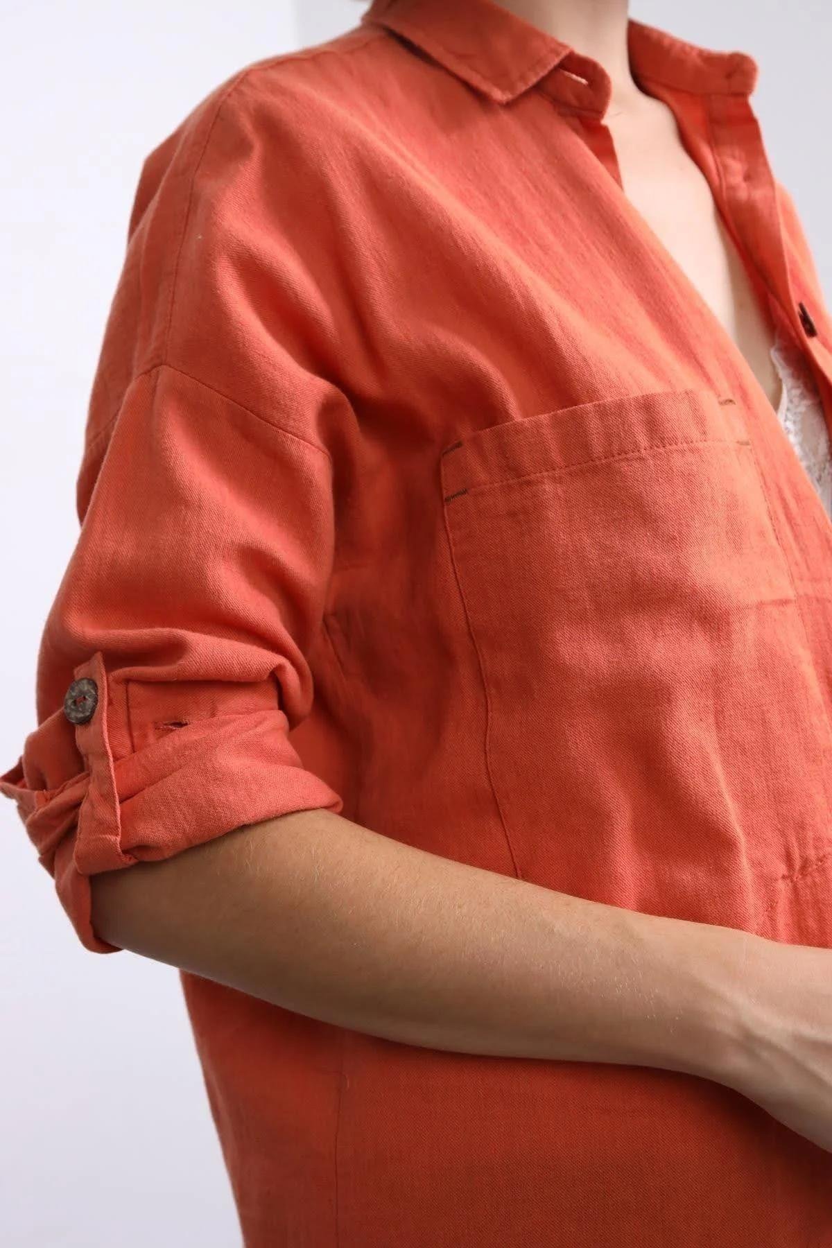 Kiremit Rengi Büyük Cepli Gömlek - Şaman Butik - Bohem Giyim ve Aksesuar | Kadın & Erkek Kiremit Rengi Büyük Cepli Gömlek