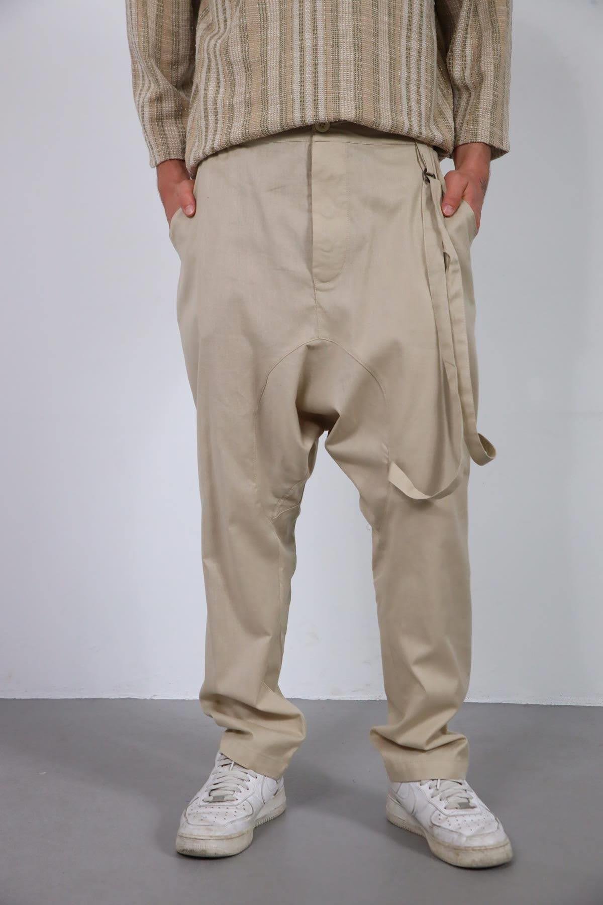  Krem Rengi Düz Paça Kordon Detaylı Şalvar Pantolon