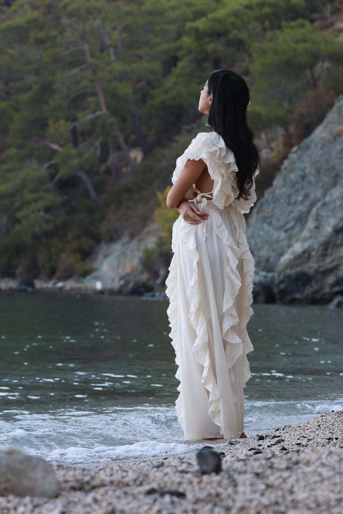 Ekru Önü Arkası V Yaka Volanlı Bohem Elbise - Şaman Butik Ekru Önü Arkası V Yaka Volanlı Bohem Elbise