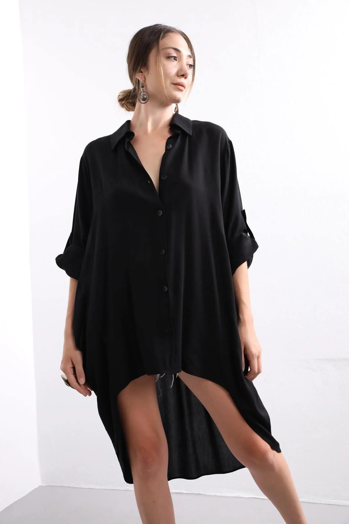 Black Long Back Shirt - Şaman Butik | Shop Online Black Long Back Shirt