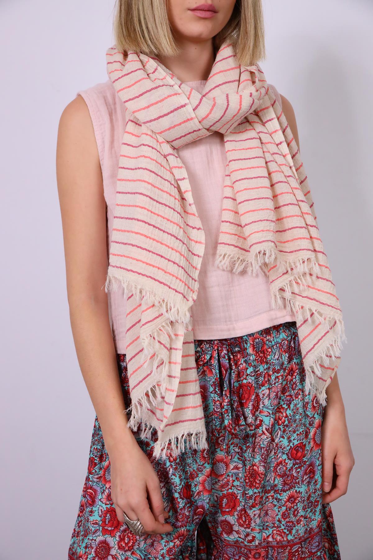 Fuşya-Nar Çiçeği Çizgili Keten Diba Şal - Şaman Butik Fuşya-Nar Çiçeği Çizgili Keten Diba Şal