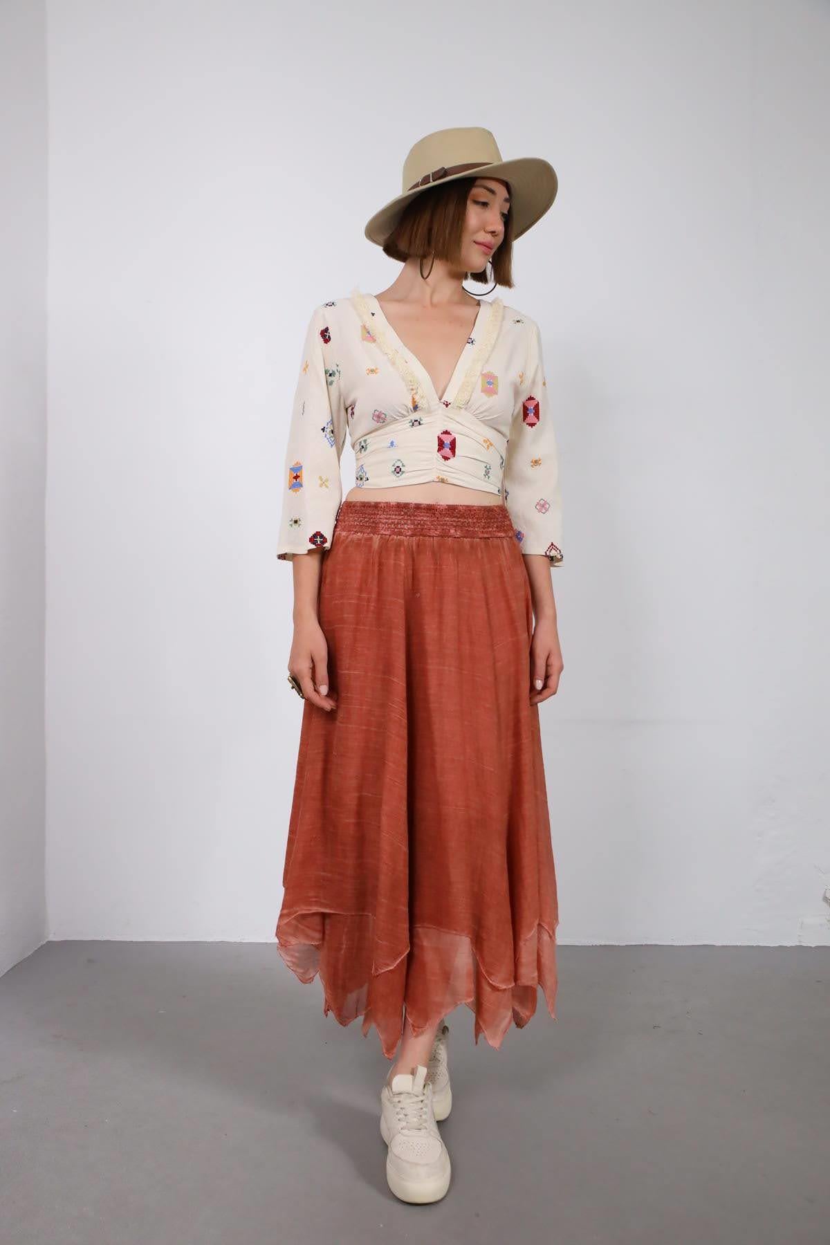 Yanık Turuncu Beli Gipeli Asimetrik Kesim Etek - Şaman Butik Yanık Turuncu Beli Gipeli Asimetrik Kesim Etek