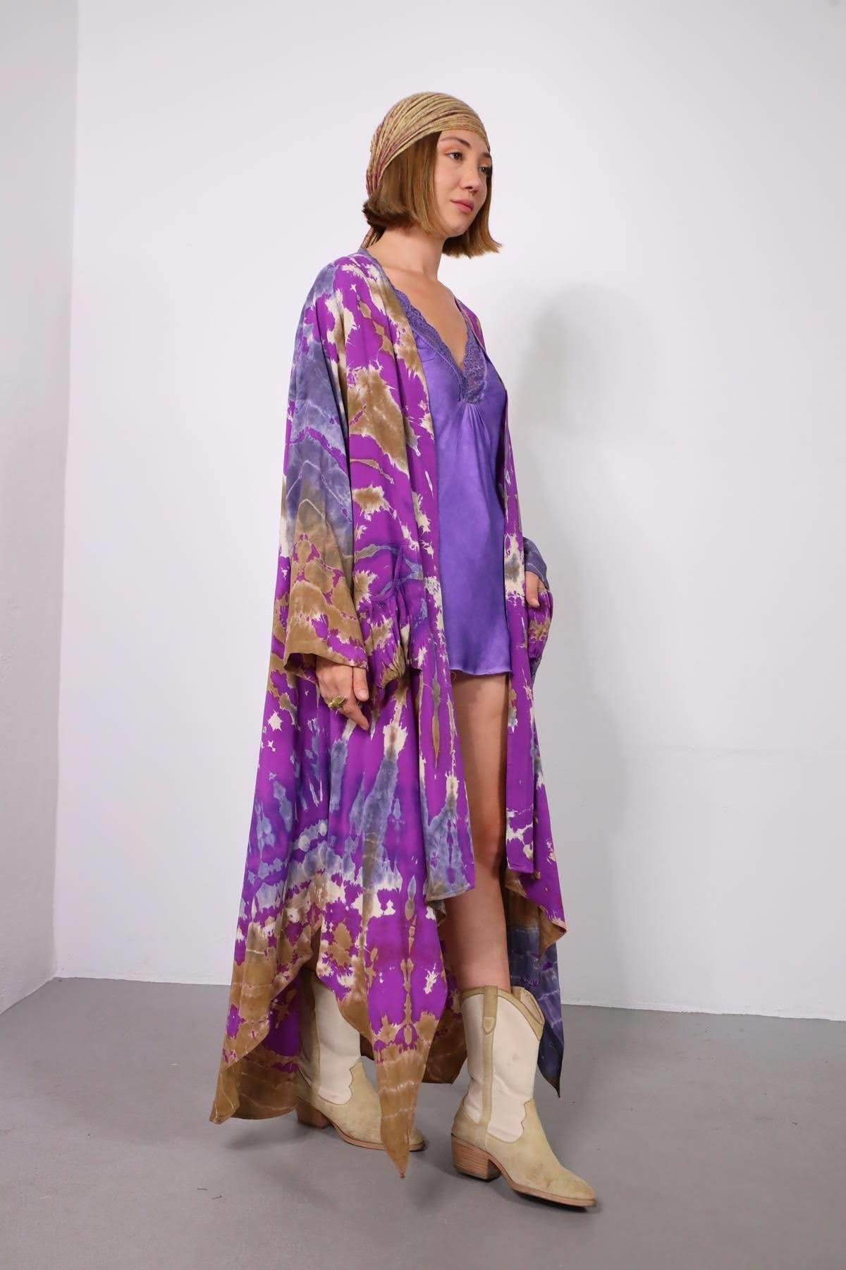  Mor Batik Desenli Cep Detay Kaftan