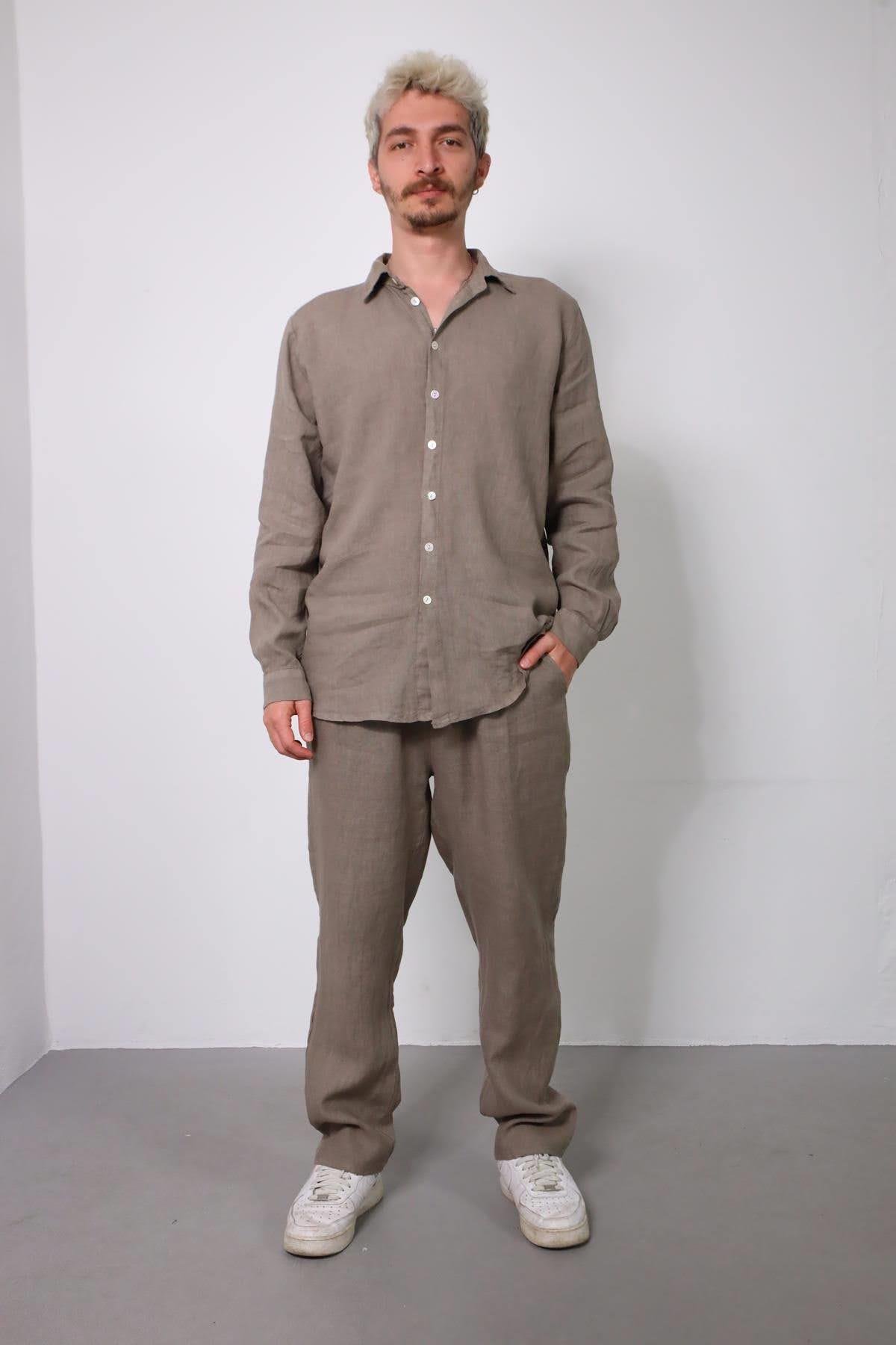  Vizon Rengi Keten Erkek Pantolon ve Gömlek Takım