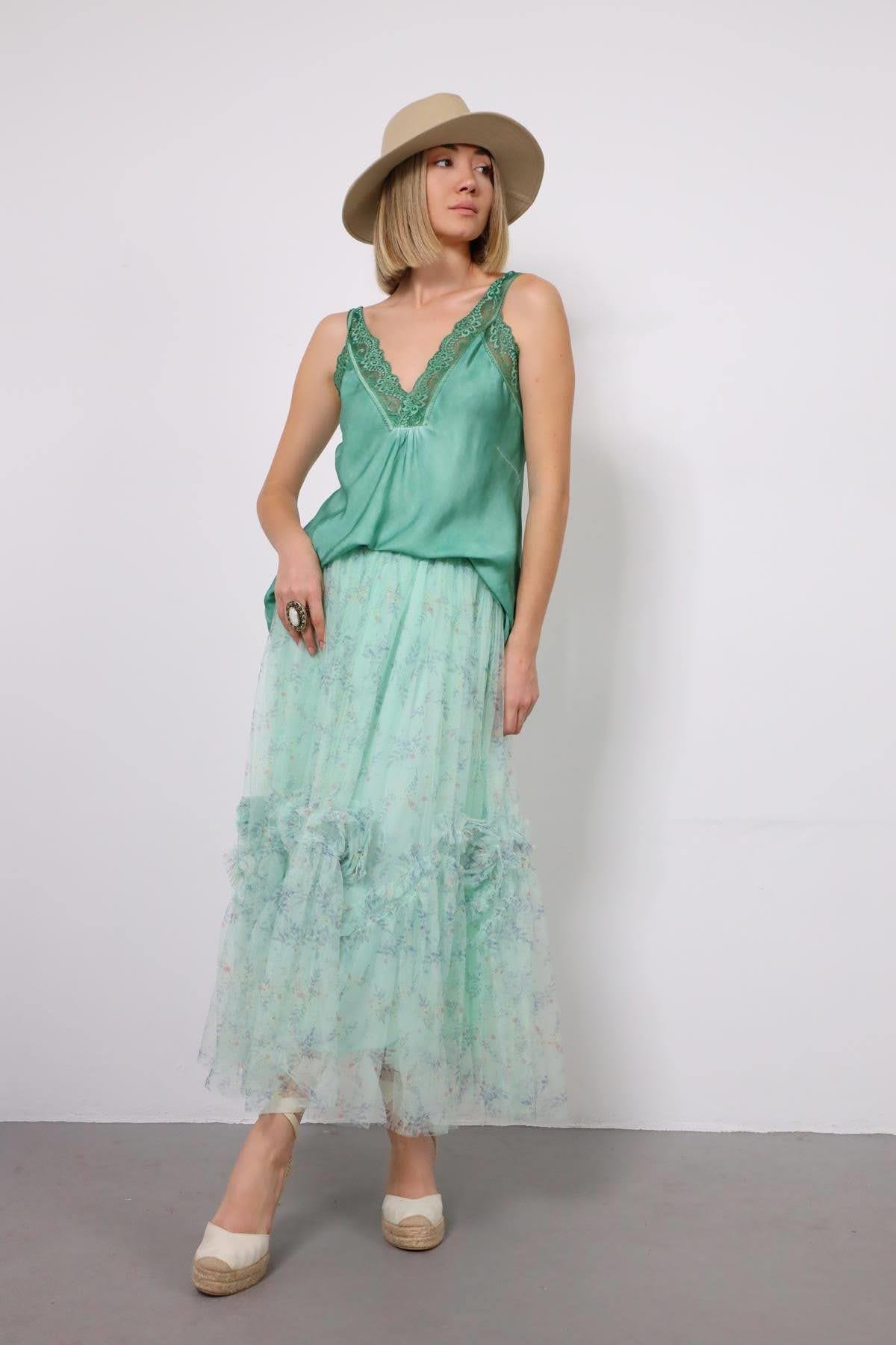 Saman Butik | Shop Online Water Green Rose Detail Tulle Skirt
