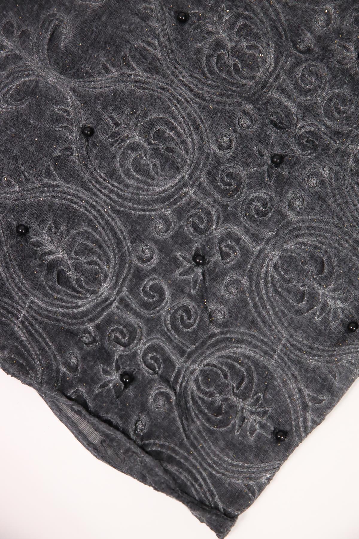 Antrasit Simli İnci İşlemeli Şal - Şaman Butik Antrasit Simli İnci İşlemeli Şal