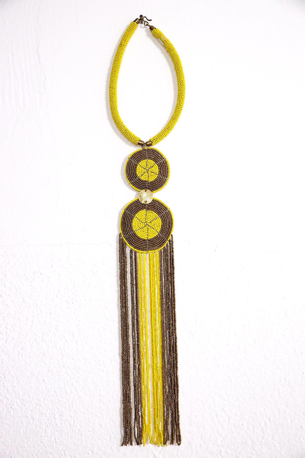  Dilimli Daire Detaylı Sarı Uzun Kolye