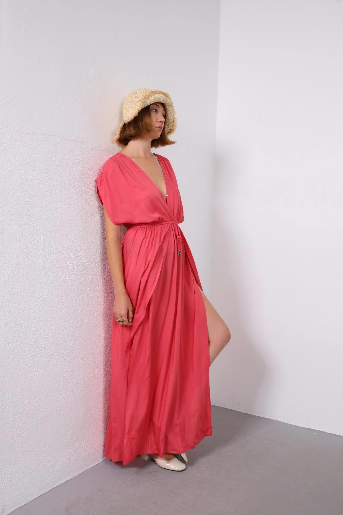 Gül Kurusu Önü Yırtmaçlı Yakası Çıtçıtlı Gipeli Elbise - Şaman Butik Gül Kurusu Önü Yırtmaçlı Yakası Çıtçıtlı Gipeli Elbise