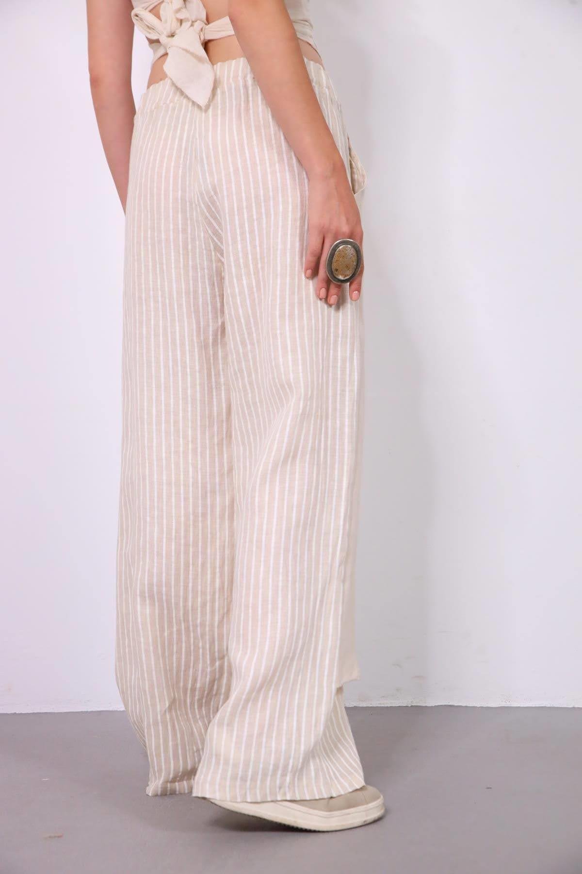 Krem Rengi Parça Detaylı Çizgili Keten Pantolon - Şaman Butik Krem Rengi Parça Detaylı Çizgili Keten Pantolon