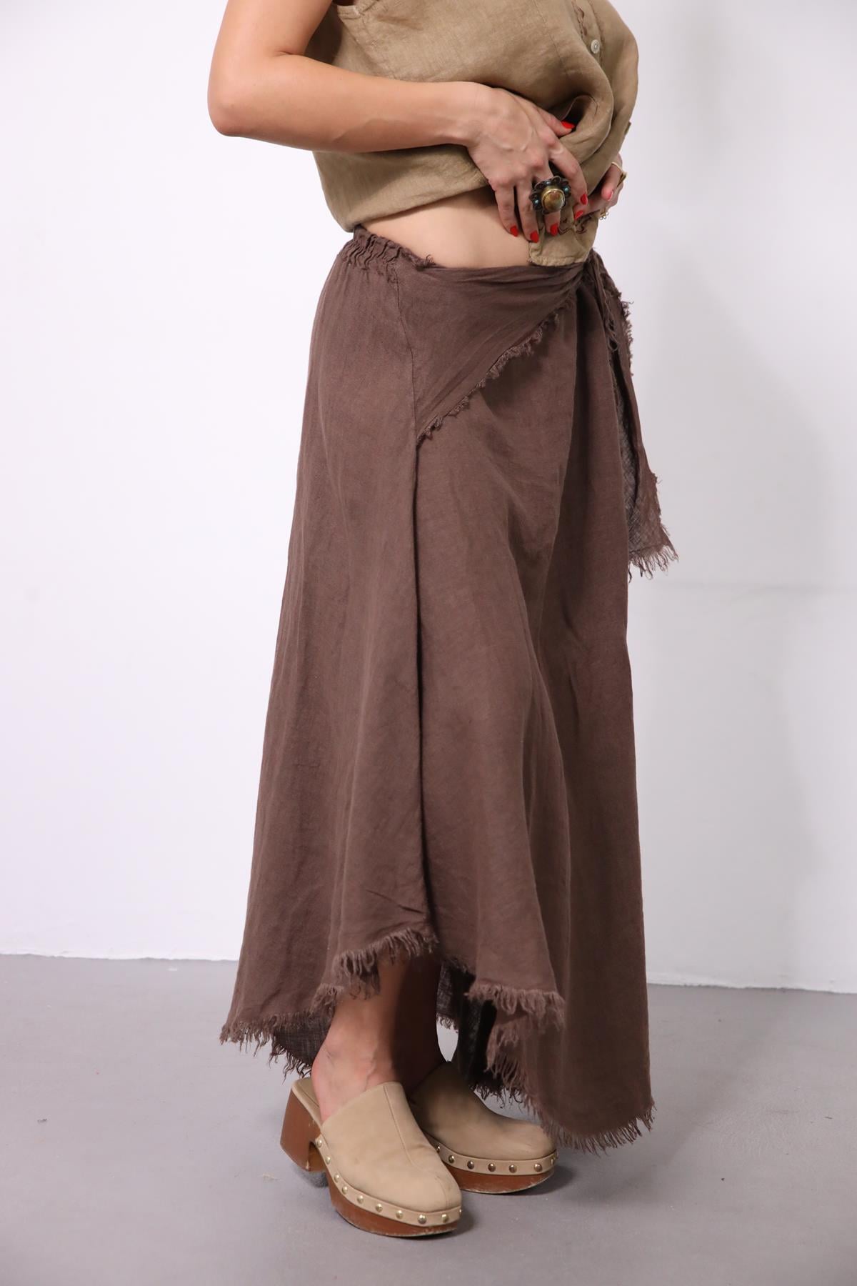 Kahverengi Püsküllü Kemerli Keten Etek - Şaman Butik Kahverengi Püsküllü Kemerli Keten Etek