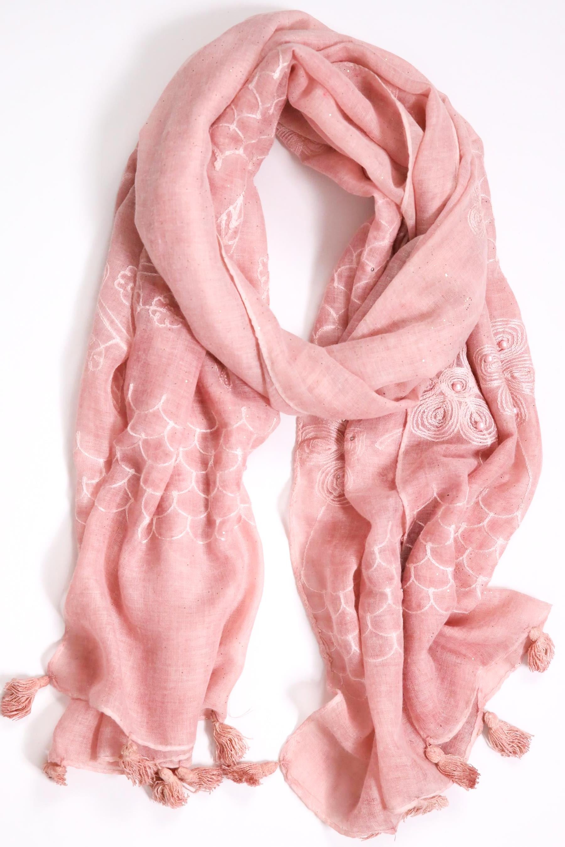 Pudra Pembe Simli İnci İşlemeli Şal - Şaman Butik Pudra Pembe Simli İnci İşlemeli Şal