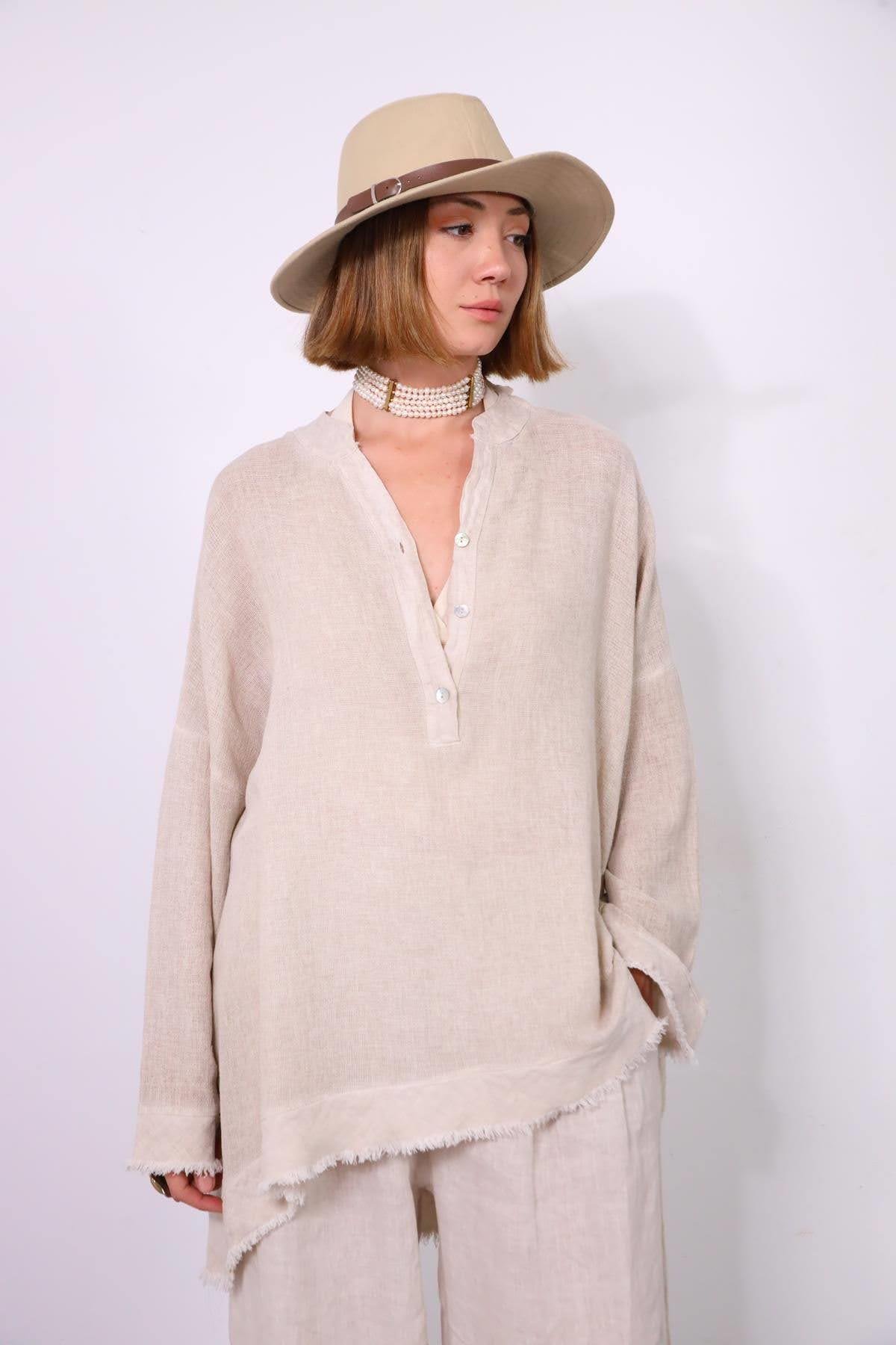  Krem Rengi Püsküllü Keten Detaylı Hakim Yaka Tunik